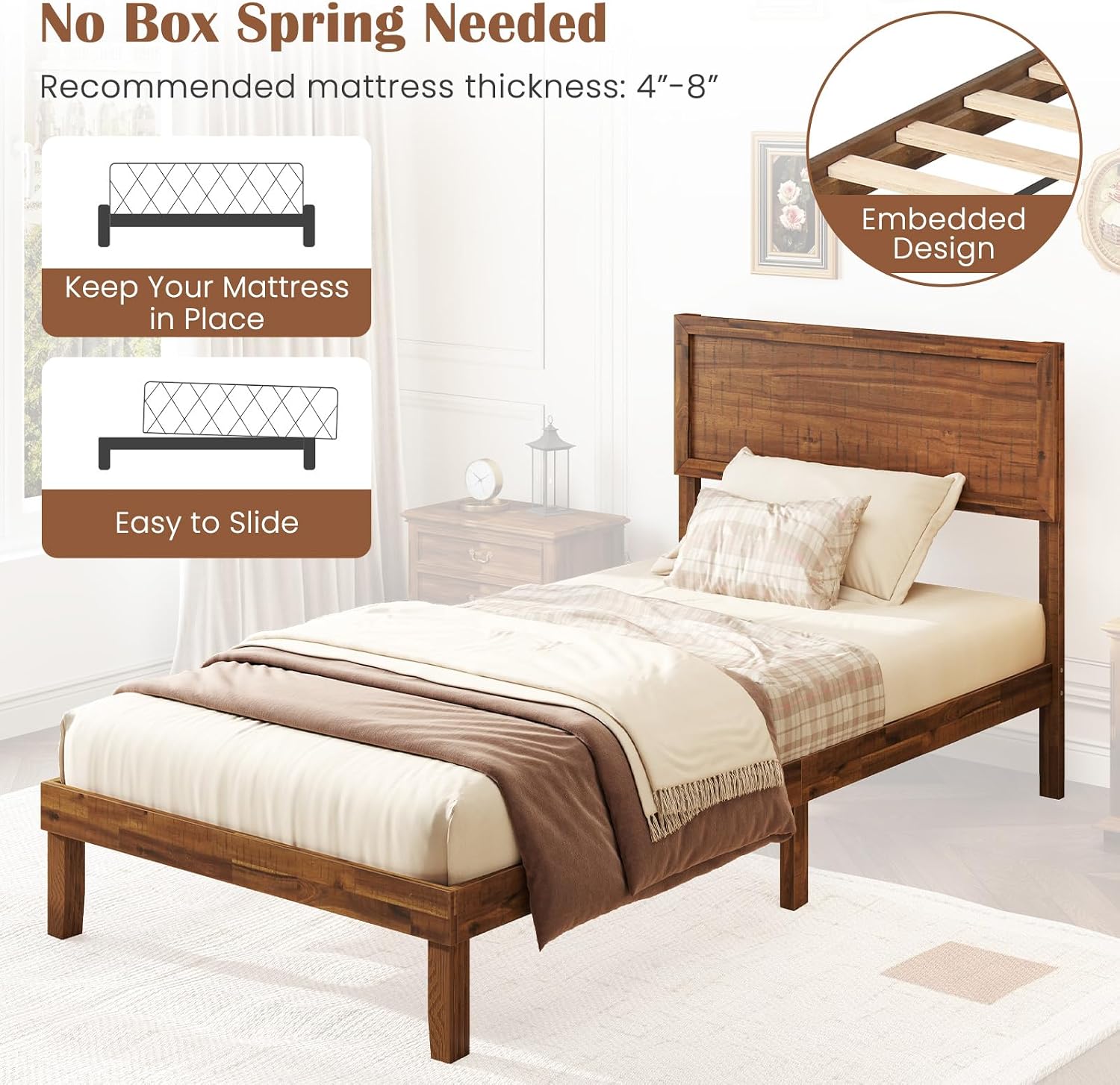 Giantex Wood Twin Bed Frames with Headboard, Mid Century Modern Platform Bed Twin Size with Solid Wood Legs & Wooden Slat Support, Easy Assembly, No Box Spring Needed, Walnut
