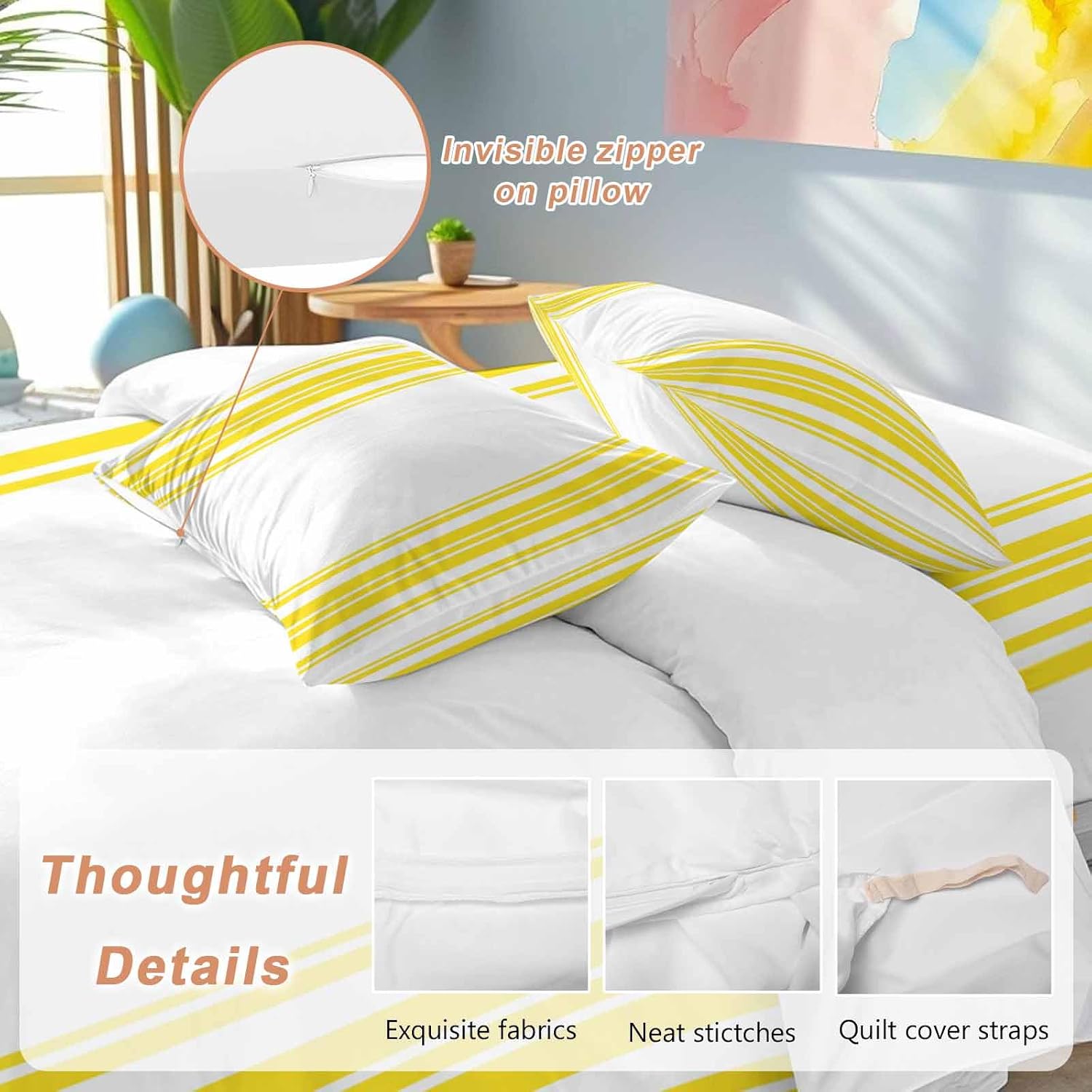 Yellow and White Striped Duvet Cover Set Queen Size 4 Pieces Modern Minimalist Vertical Lines Bedding Set with Zipper Closure, 1 Comforter Cover 92x106 Inches 1 Flat Sheet & 2 Pillow Cases