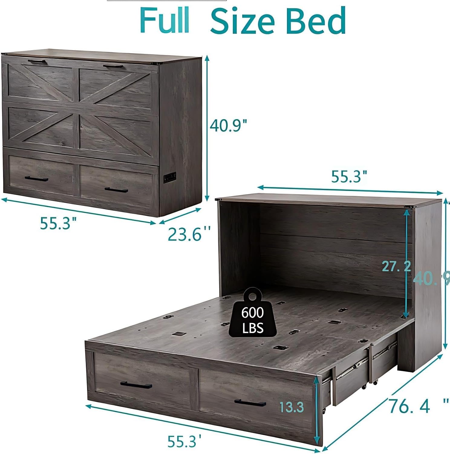 Full Murphy Bed Cabinet with Charging Station and Storage, Farmhouse Foldable Platform Bed for Guest Bedroom,Home Office Bed Frame with Storage,Rustic Grey (Full Size)