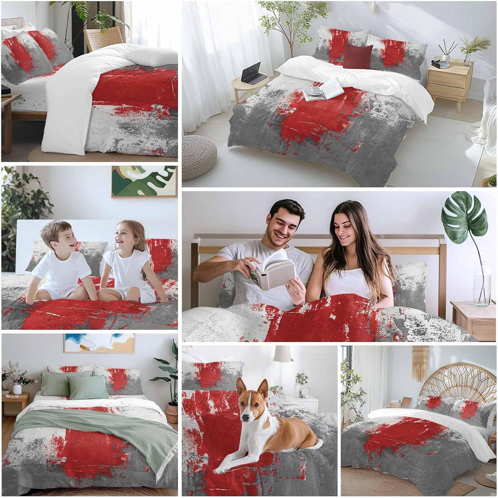 Abstract Art Duvet Cover Set Queen Size 4 Pieces Red Grey Wall Mottled Texture Minimalist Modern Bedding Set with Zipper Closure, 1 Comforter Cover 86x86 Inches 1 Flat Sheet & 2 Pillow Cases