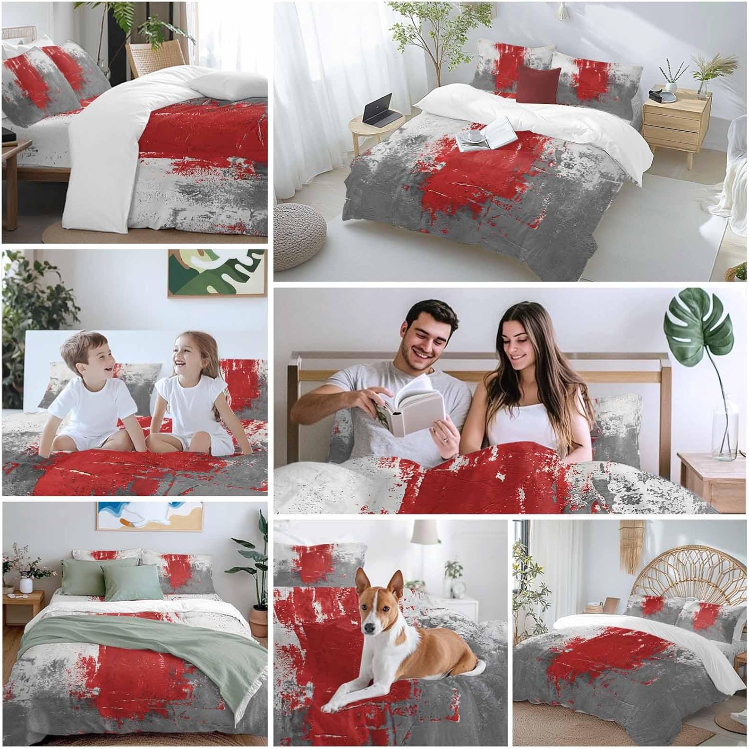 Abstract Art Duvet Cover Set Queen Size 4 Pieces Red Grey Wall Mottled Texture Minimalist Modern Bedding Set with Zipper Closure, 1 Comforter Cover 86x86 Inches 1 Flat Sheet & 2 Pillow Cases