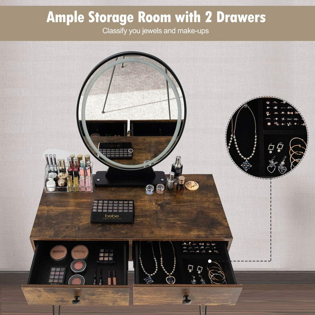CHARMAID Makeup Vanity Table with Lighted Mirror, 3 Lighting Sets, Adjustable Brightness, 2 Large Drawers, Acrylic Storage Boxes, Girls Bedroom Dressing Table Vanity Set with Stool (Rustic Brown)
