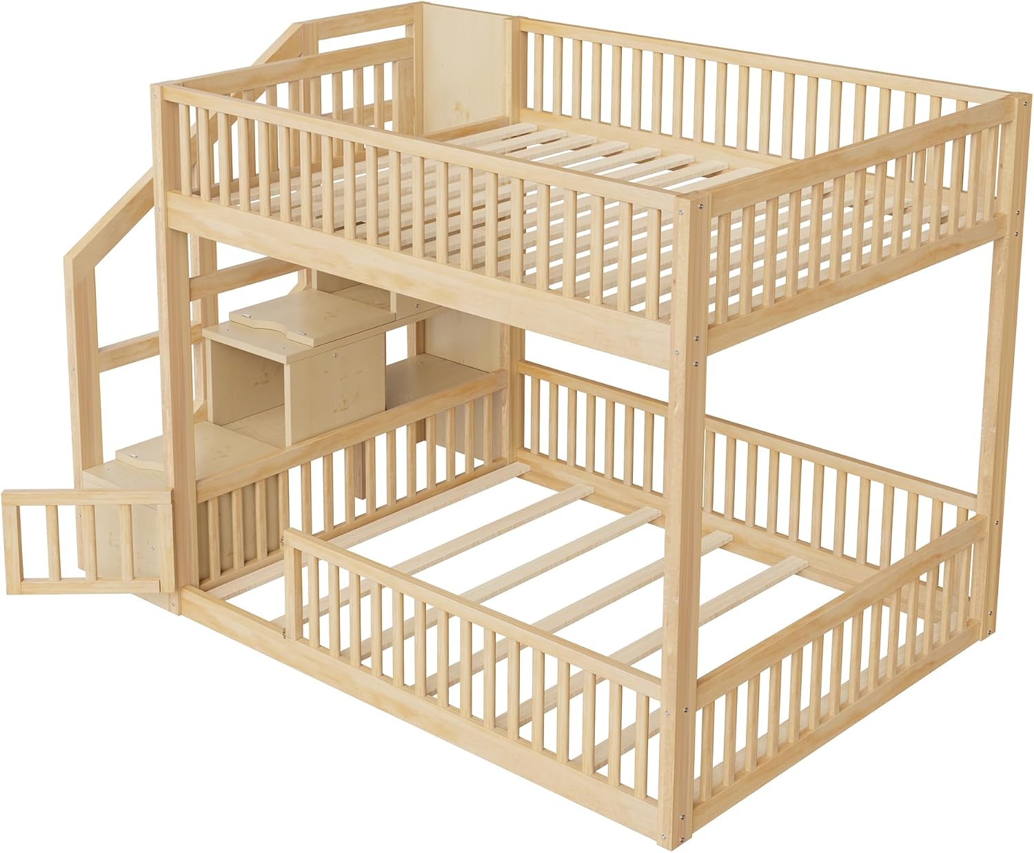 Full Over Full Floor Bunk Bed with Storage Ladder and Guardrails,for Kids Teens Adults (Natural#FF, Full Over Full)