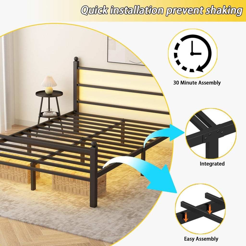 Full Size Bed Frame with Headboard and Footboard,Black Metal Platform Bed Frames with LED Lights and USB Charging Station,Heavy Duty Metal Slats,No Box Spring Needed,Sturdy&Noise Free