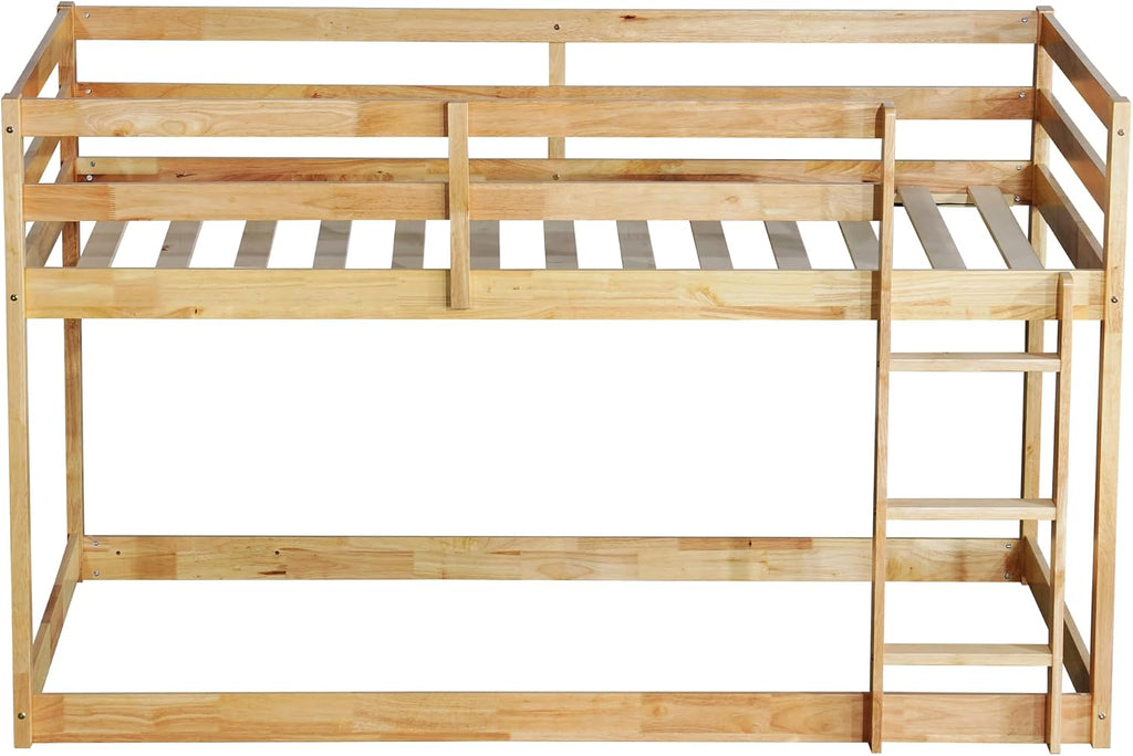 Bunk Bed Twin Over Twin, Floor Bunk Bed with Ladder, Safety Guard Rails, Heavy Duty Wooden Twin Bunk Beds Frame Low Bunkbeds No Box Spring Required, Natural