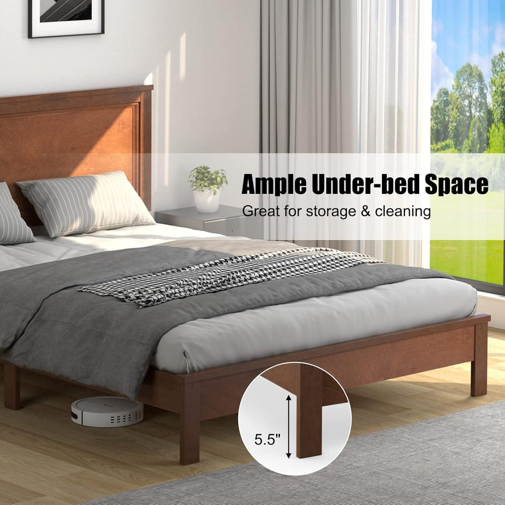 KOMFOTT Queen Size Wood Platform Bed Frame with Headboard, Wooden Mid Century Platform Bed with Slat Support & Under Bed Storage, Mattress Foundation Bed Base, No Box Spring Needed, Walnut