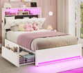 BTHFST Twin Bed Frames with Storage Headboard & 4 Drawers, LED Bed Frame Twin with Charging Station, Velvet Upholstered Bed with Metal Slats, No Box Spring Needed, Creamy White