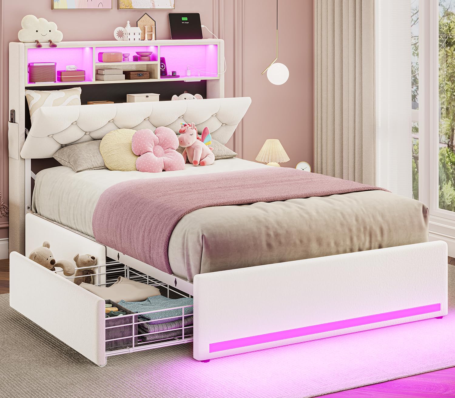 BTHFST Twin Bed Frames with Storage Headboard & 4 Drawers, LED Bed Frame Twin with Charging Station, Velvet Upholstered Bed with Metal Slats, No Box Spring Needed, Creamy White