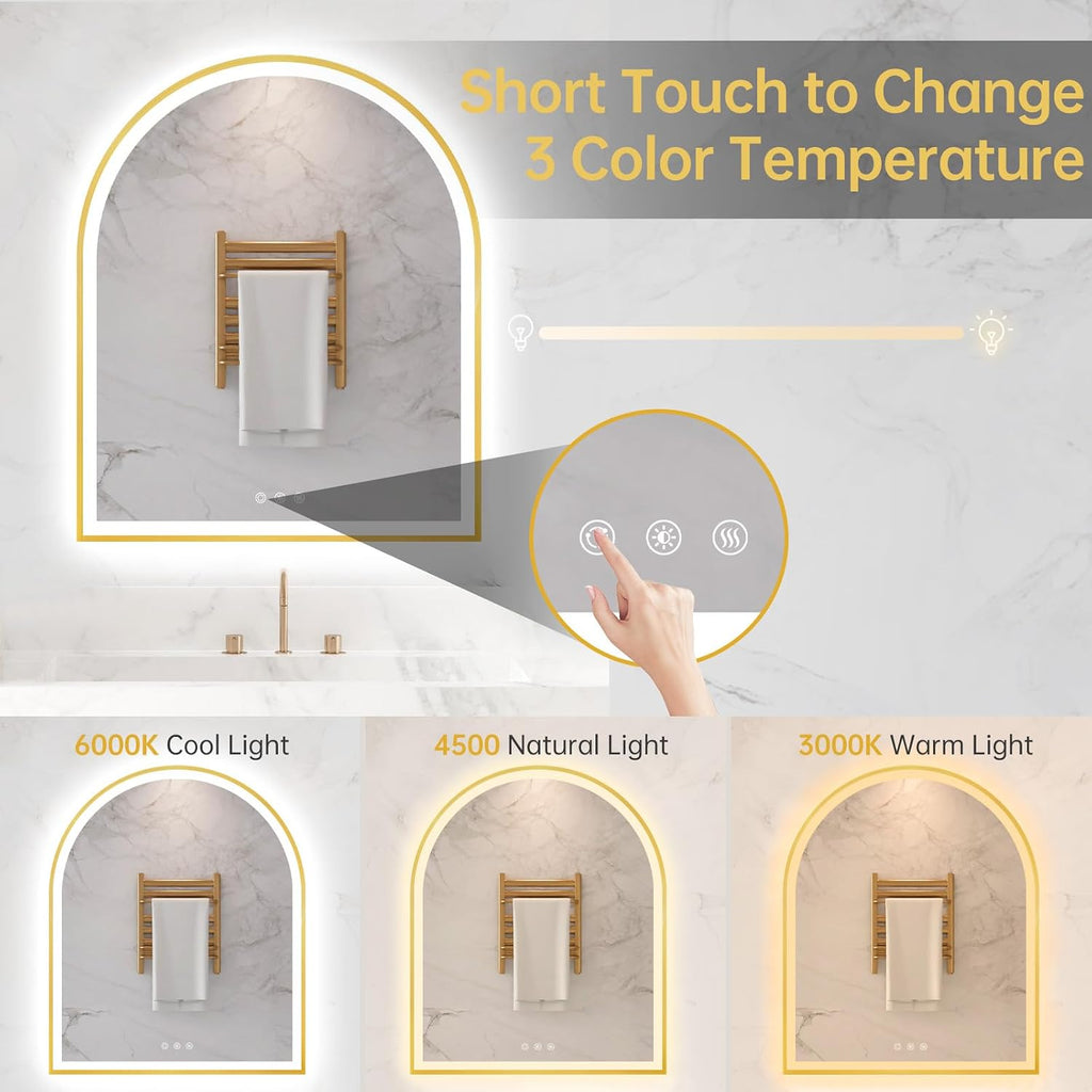 30'x36' Arched LED Mirror for Bathroom, Brushed Gold Lighted Bathroom Mirror with Lights, Fogless, Dimmable, Shatterproof, Touch Sensor, 3 Color Changing