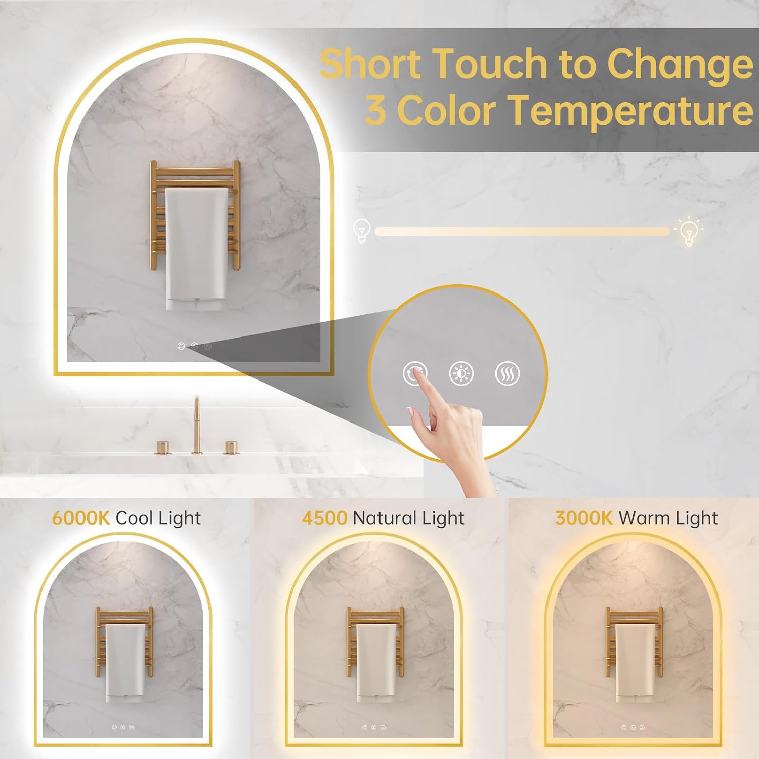 30'x36' Arched LED Mirror for Bathroom, Brushed Gold Lighted Bathroom Mirror with Lights, Fogless, Dimmable, Shatterproof, Touch Sensor, 3 Color Changing