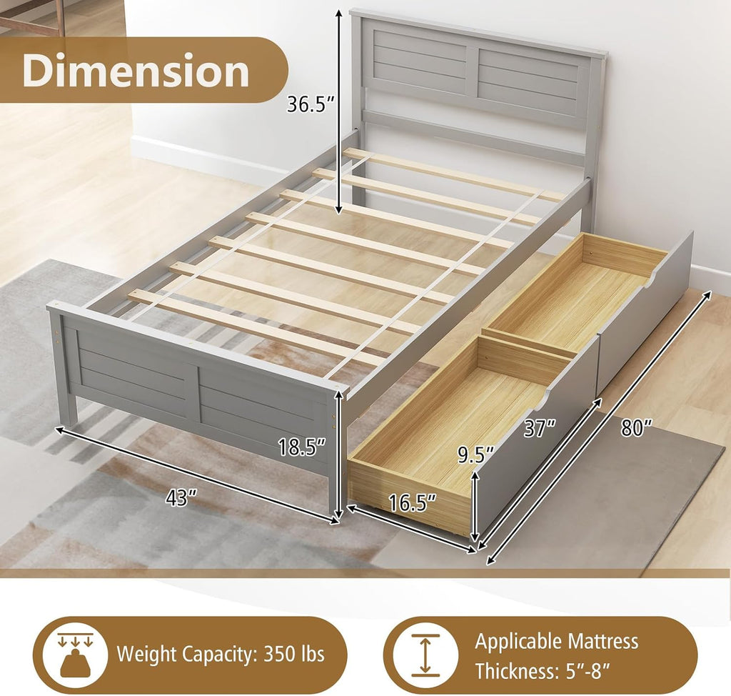 KOMFOTT Twin Size Wood Bed Frame with 2 Storage Drawers, Mid Century Platform Bed Frame with Headboard, Sturdy Wooden Slats Support, Modern Mattress Foundation, No Box Spring Required, Easy Assembly