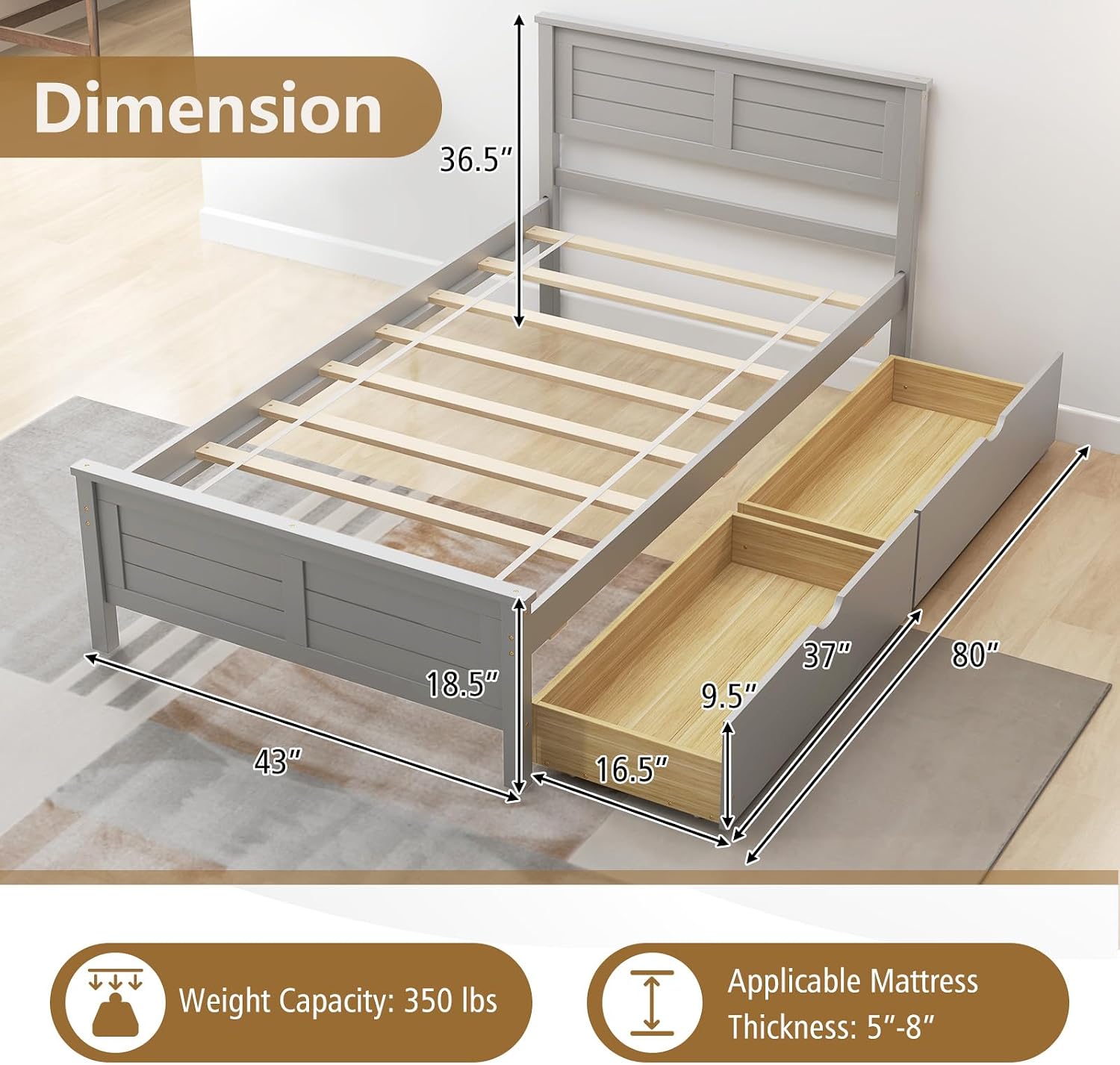 KOMFOTT Twin Size Wood Bed Frame with 2 Storage Drawers, Mid Century Platform Bed Frame with Headboard, Sturdy Wooden Slats Support, Modern Mattress Foundation, No Box Spring Required, Easy Assembly