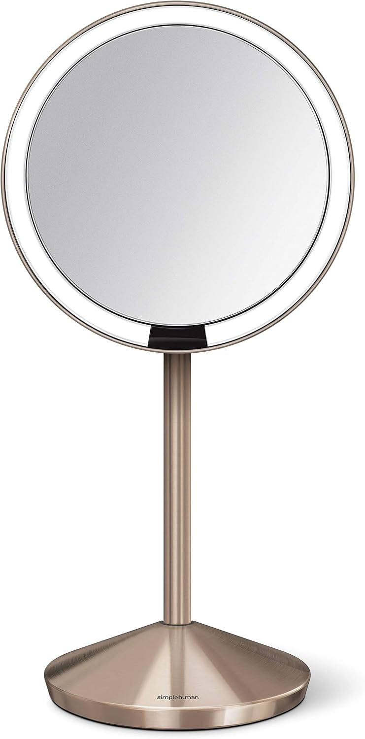 simplehuman Sensor Mirror, Travel Makeup Mirror with Lights, 10X Magnification, Lighted, Round, Free Standing, 5', Rose Gold Stainless Steel
