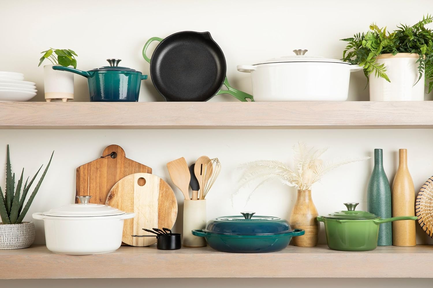 Larder & Vine 6-Piece Enameled Cast Iron Pan Cookware Sets, Includes 8 Quart and 5.7 Quart Dutch Oven with Lids, Braiser/Crock Pot with Lid (White)