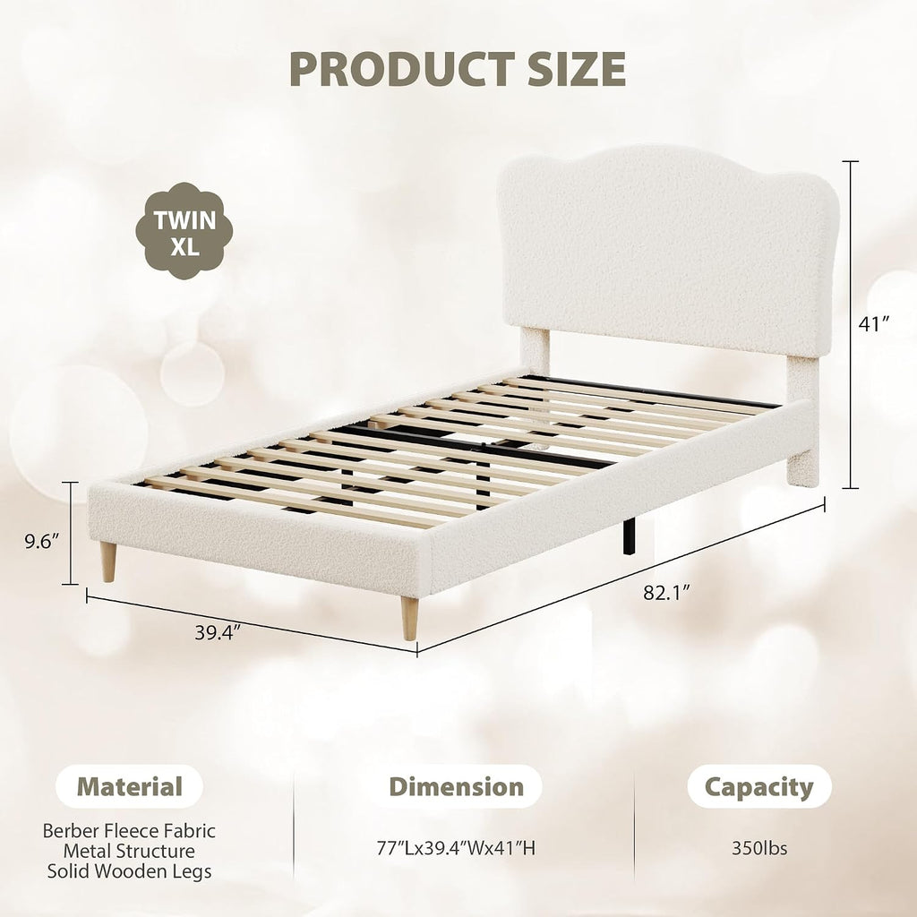 GarveeHome Upholstered Twin XL Size Bed Frame for Kids with Scallop Headboard, Cute Velvet Twin XL Bed for Girls, Boys, Sturdy Platform Bed, No Box Spring Needed, Wooden Slats, Noise Free, Beige
