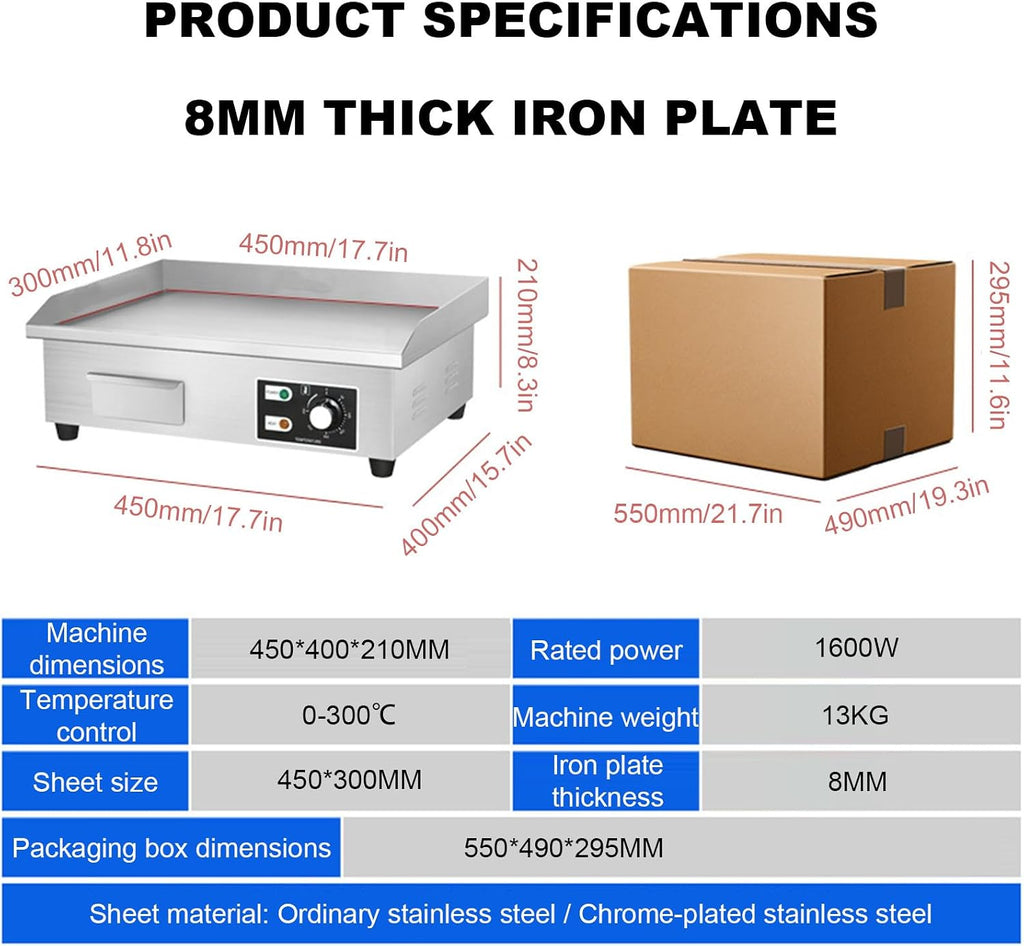 Electric Griddle, Professional 3000 W Stainless Steel Griddle, 8mm thick iron plate, Adjustable Temperature Control Flat Top Griddle, For Resturant, 550 * 420 * 210mm 45 * 40 * 21CM