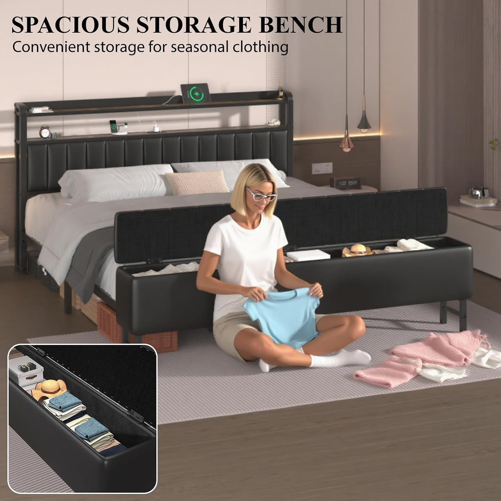 LoVinson Full Size Bed Frame with Headboard & Star Projector, Metal Upholstered Bed Frame with Charging Station, Heavy Duty Bedframe with Storage Ottoman, Noise-Free, No Box Spring Needed, Black