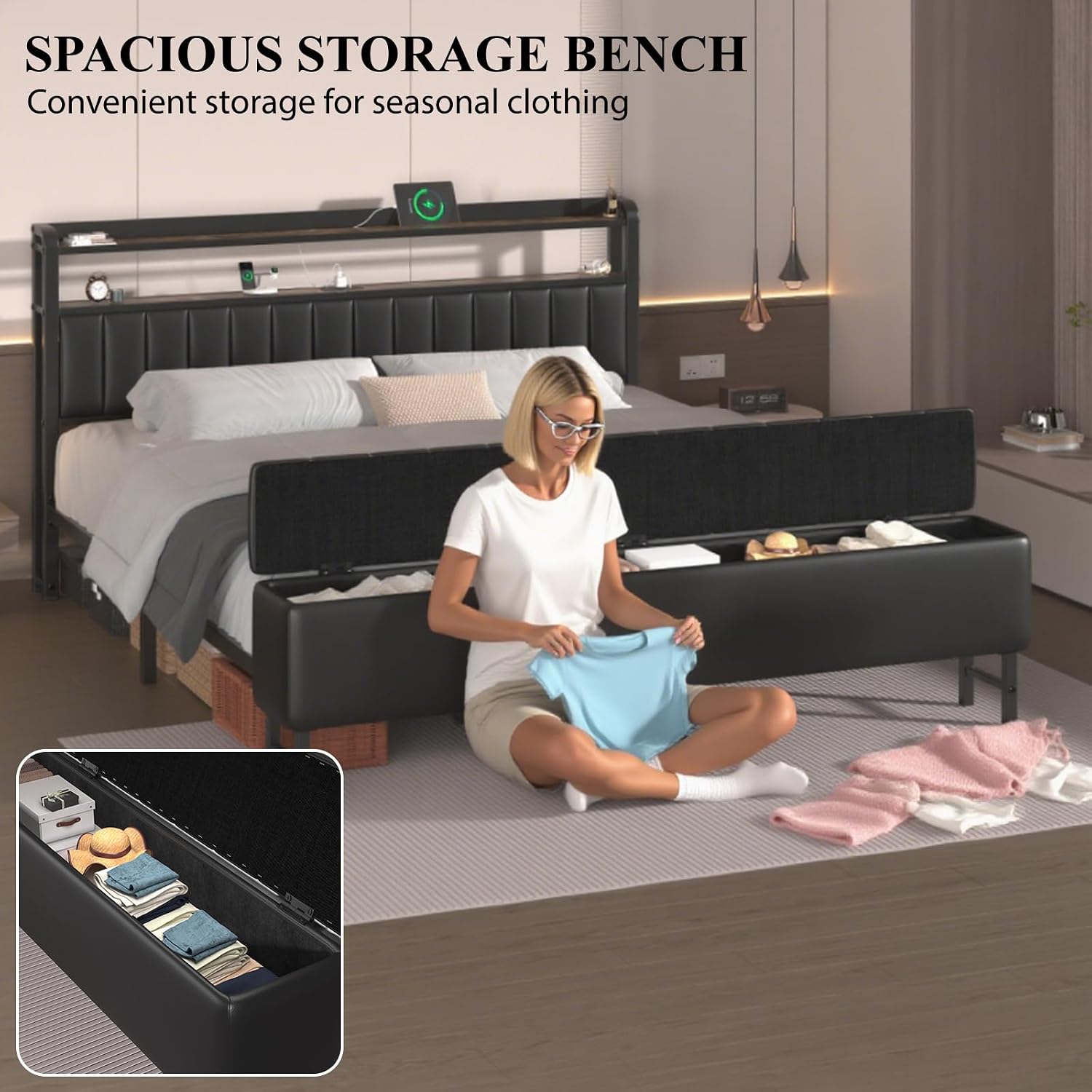 Queen Metal Bed with Star Projector & Charging Station, Upholstered Bed frame with PU Leather Headboard, Heavy Duty Beds with Storage Ottoman, Metal Support, Noise-Free, No Box Spring Needed, Black