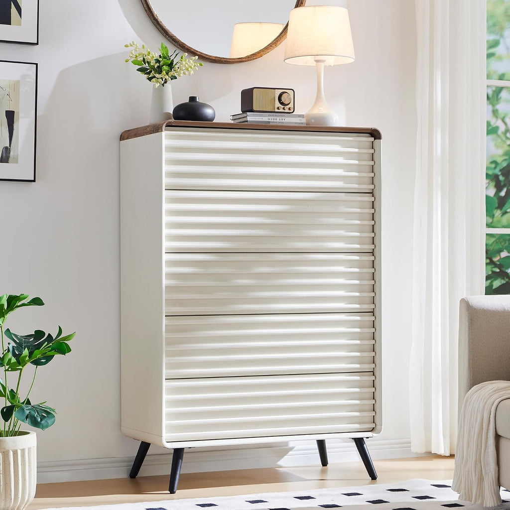 RedLemon 5 Drawers Dresser for Bedroom, 48'' Tall Mid Century Modern Wood Fluted Dresser, Chest of Drawers with Tapered Leg for Bedroom, Living Room, Hallway, Closet,Antuique White