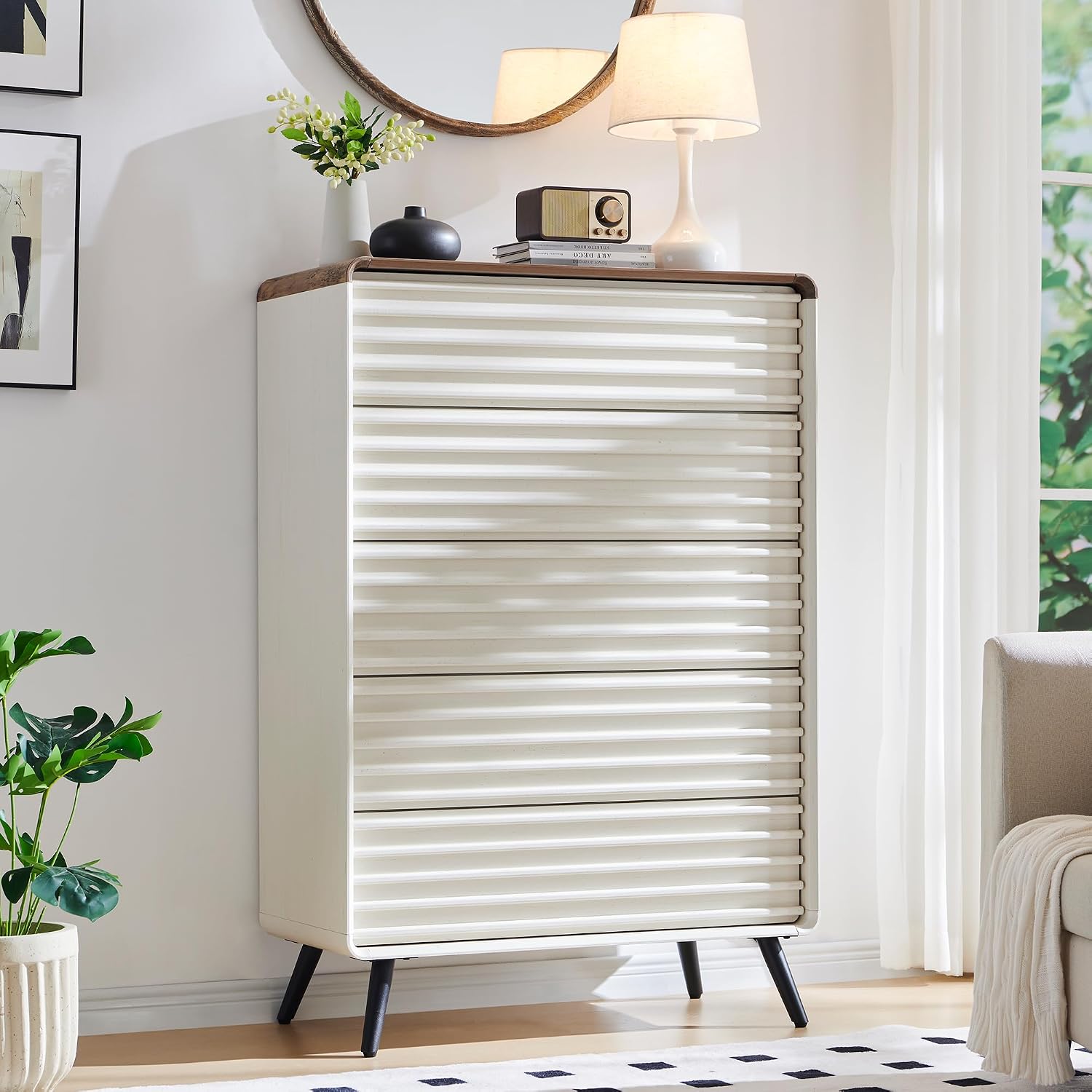 RedLemon 5 Drawers Dresser for Bedroom, 48'' Tall Mid Century Modern Wood Fluted Dresser, Chest of Drawers with Tapered Leg for Bedroom, Living Room, Hallway, Closet,Antuique White