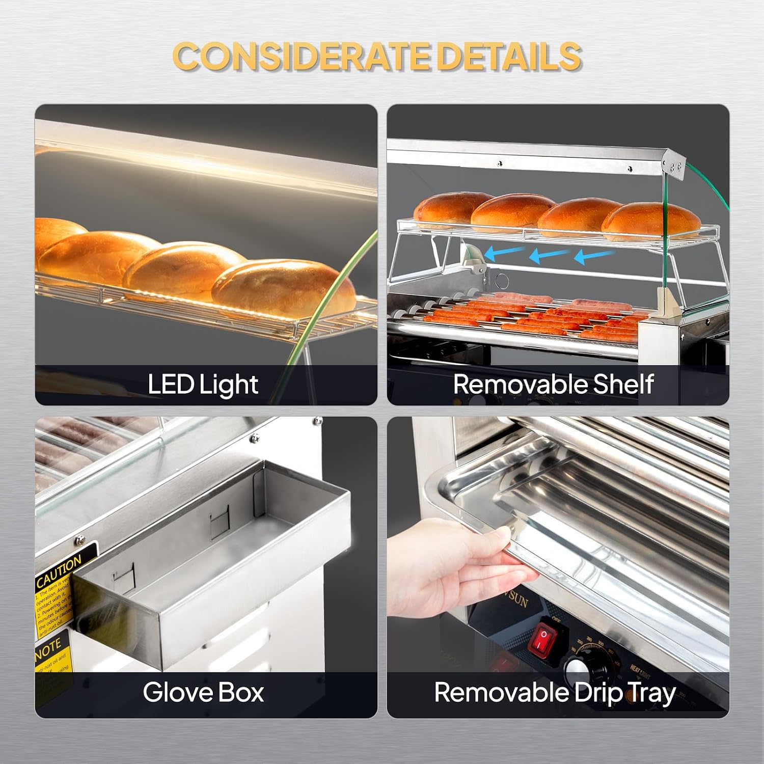 ROVSUN Hot Dog Roller, 18 Hot Dog 7 Rollers ETL Certified, Hot Dog Machine Sausage Grill Cooker with Dual Temp Control, Glass Cover, LED, Side Storage Box, Shelf & Drip Tray for Home Commercial 1050W