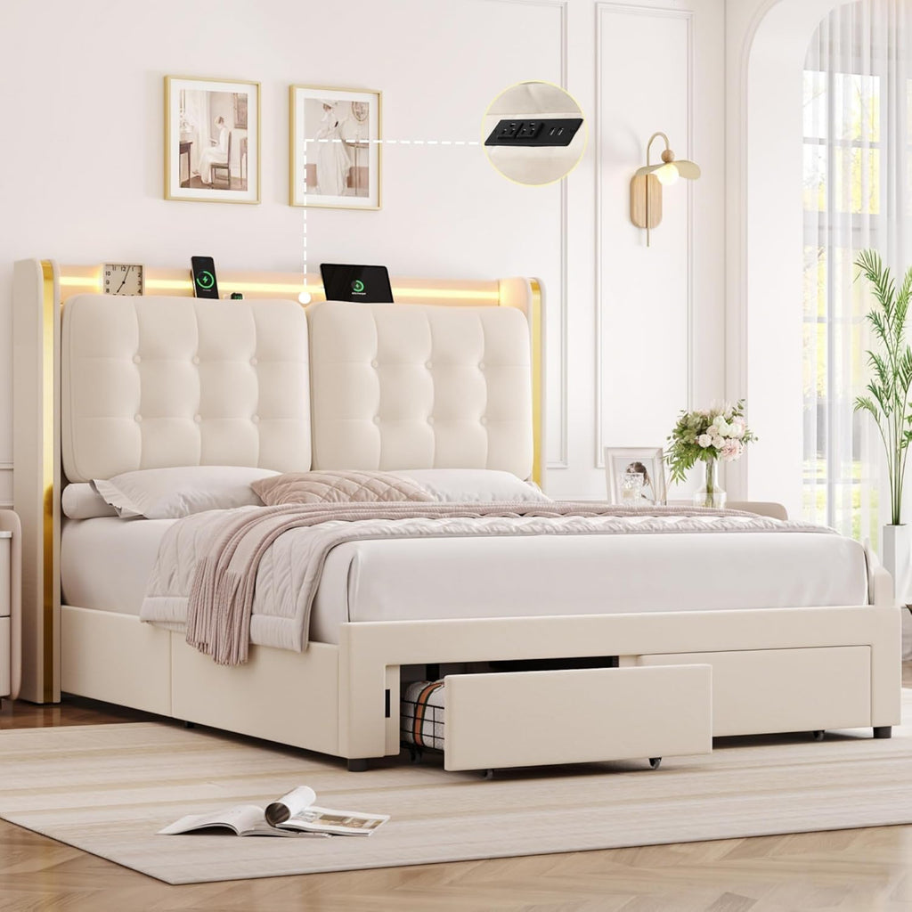 HIFIT Upholstered LED Queen Size Bed Frame with Storage and Charging Station, Lavish Wingback Headboard with Fluffy Tufted Cushions, Modern Velvet Queen Platform Bed Frame with 2 Large Drawers, Beige