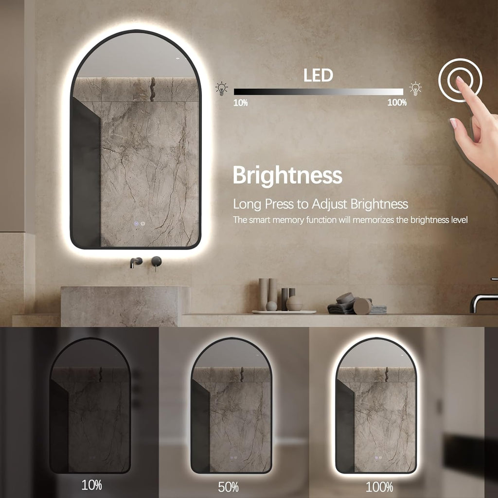 Arched LED Bathroom Mirror, 36'x24' Black Framed Arch Backlit Vanity Mirror with Lights, Anti-Fog, 3 Colors, Dimmable, Adjustable Brightness, Waterproof, UL Listed