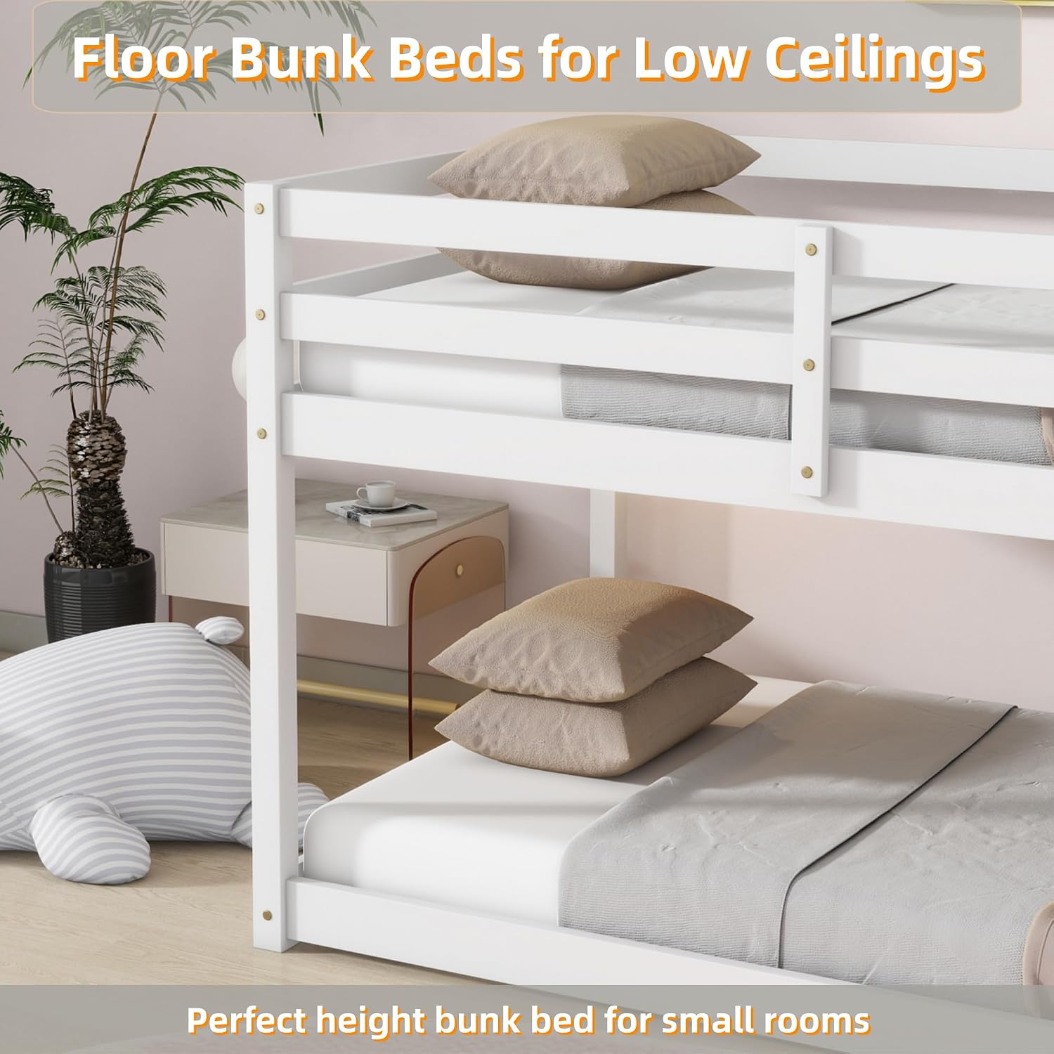 Low Bunk Bed Twin Over Twin, Solid Wood Floor Bunk Bed Frame with Ladder & Safety Guardrails, Twin Bunk Beds for Kids Boys and Girls, Saving Space, No Box Spring Needed, White