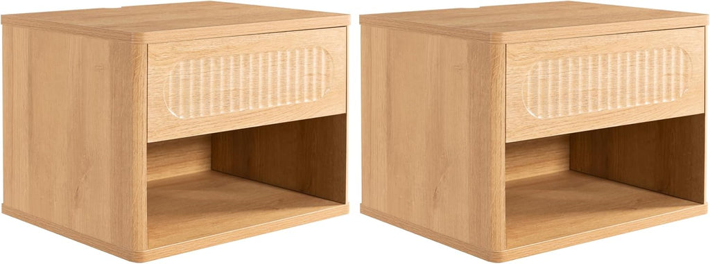 VDNEND Floating Nightstands with Drawer Set of 2, Modern Wall Mounted Bedside Tables for Bedroom, Space Saving Storage Cabinets, Easy Install Hanging Shelf Night Stands for Small Spaces (Natural)
