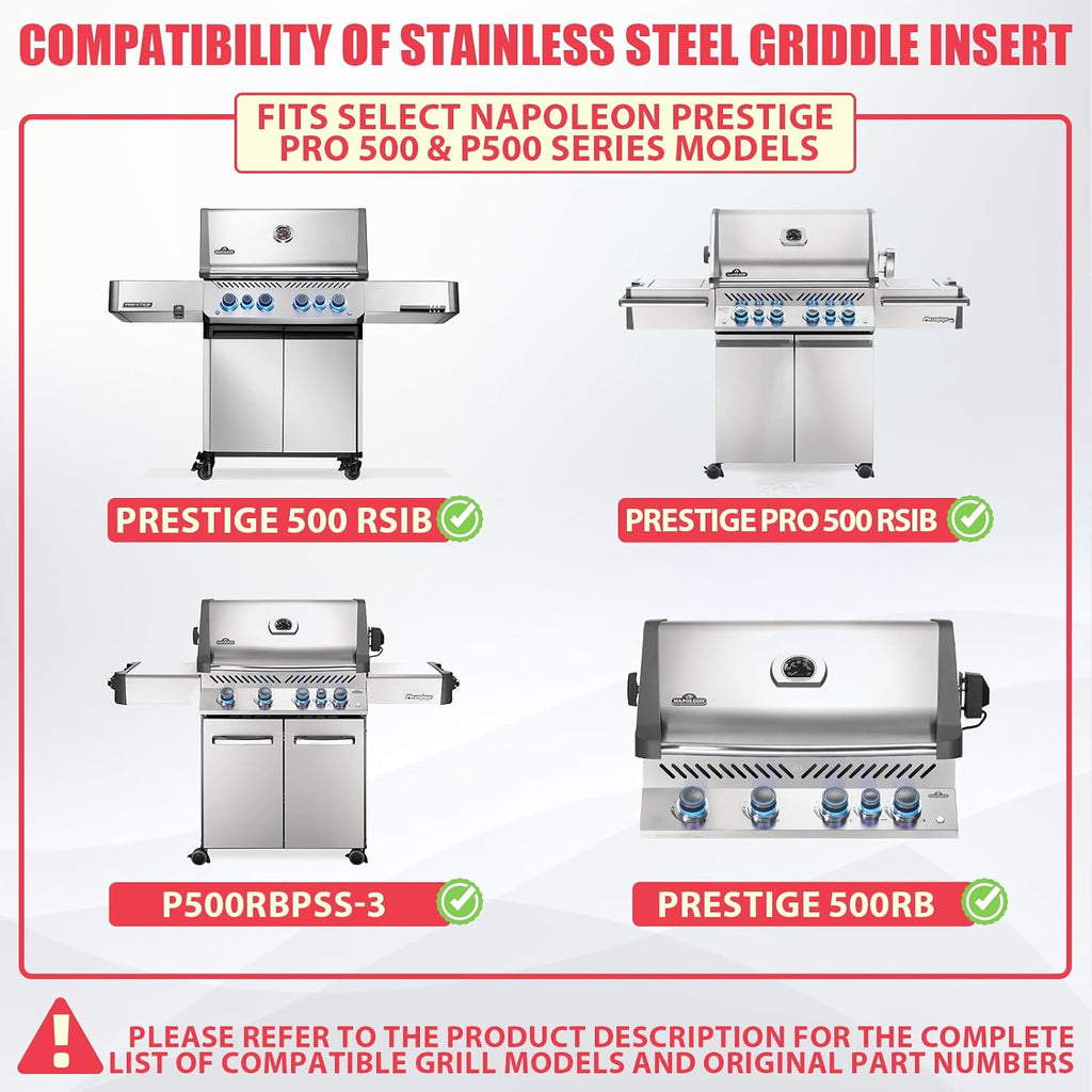 Full Size Griddle Insert for Napoleon Prestige PRO 500 & Built-in Prestige 500 Grills Accessories, BIP500RBNSS-3 P500RBPSS P500RSIBNK-3 P500 P500N Parts, 26.3'L x 17.7'W Stainless Steel Griddle Plate
