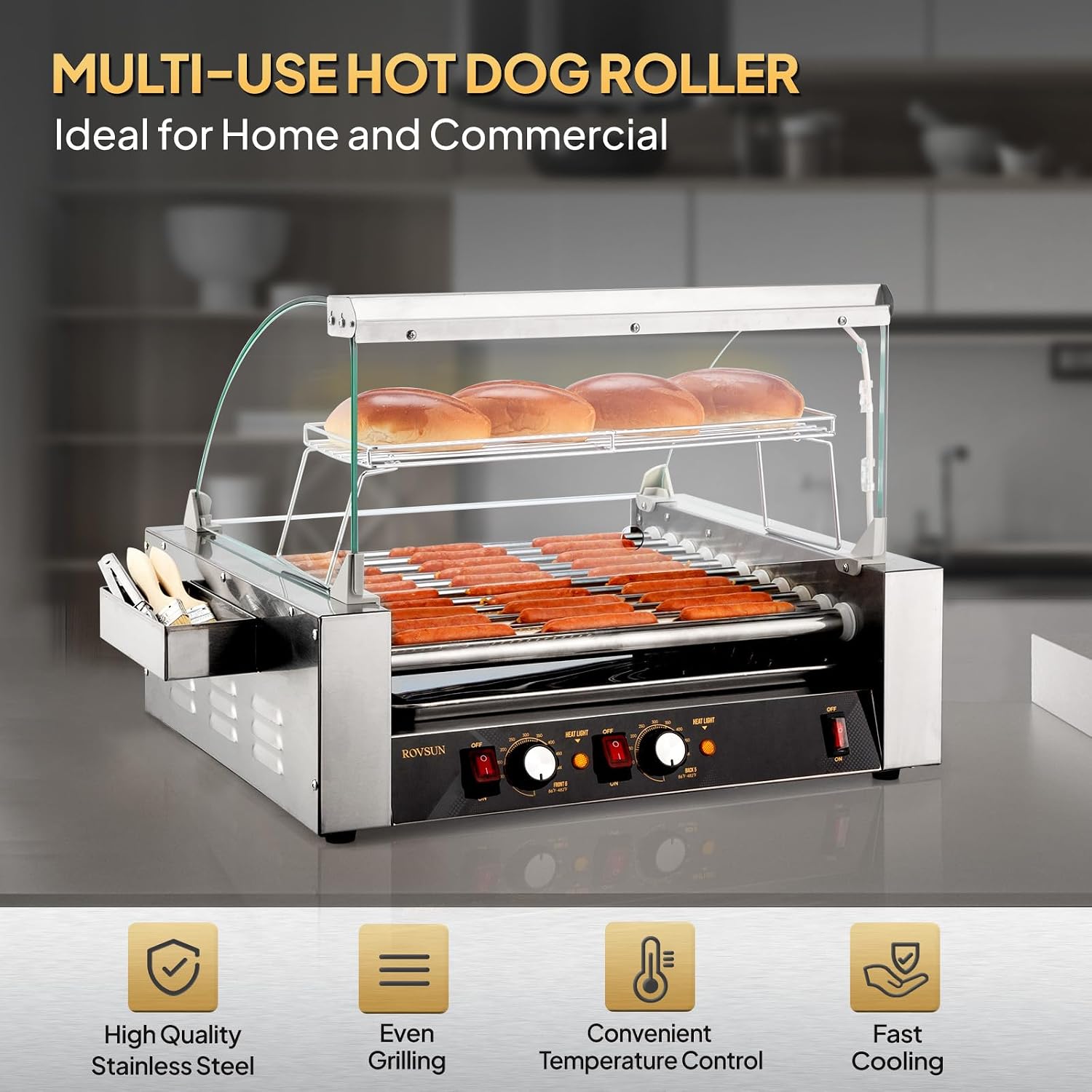 ROVSUN Hot Dog Roller, 30 Hot Dog 11 Rollers ETL Certified, Hot Dog Machine Sausage Grill Cooker with Dual Temp Control, Glass Cover, LED, Side Storage Box, Shelf & Drip Tray for Home Commercial 1650W