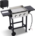 3-Burner Flat Top Grill with Folding Side Tables, Outdoor Griddle Grill with Storage Cover, 30,000 BTU Flat Grill with Stainless Steel Cooking Surface for BBQ, Camping, Tailgating