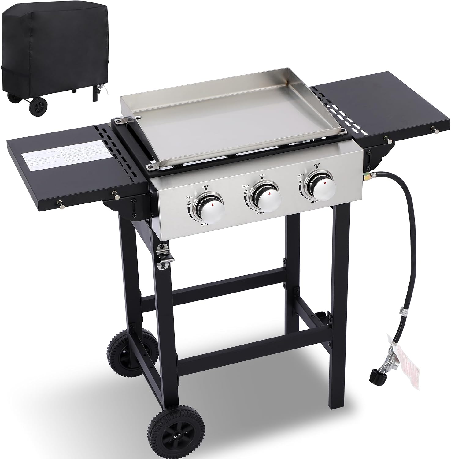 3-Burner Flat Top Grill with Folding Side Tables, Outdoor Griddle Grill with Storage Cover, 30,000 BTU Flat Grill with Stainless Steel Cooking Surface for BBQ, Camping, Tailgating