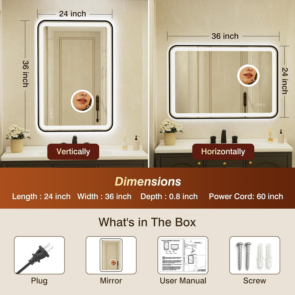 24x36 Inch Black Framed LED Bathroom Mirror with Lights,Magnifying Tempered Glass, Dimmable Lighted Bathroom Vanity Mirror with 3 Colors, Backlit + Frontlit,Anti-Fog