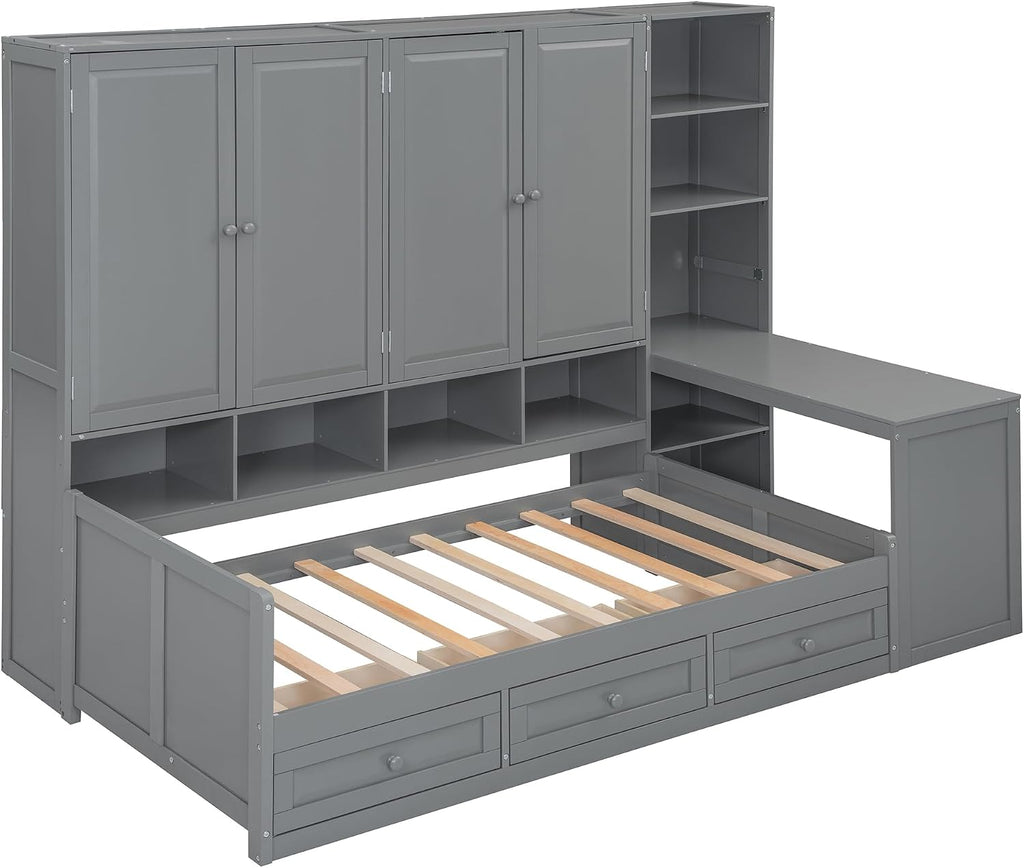 KLMM Twin Size Wooden Daybed with Three Drawers and All-in-One Cabinet,Desk and Shelves,for Living Room Bedroom Use (Gray#Desk, Twin)