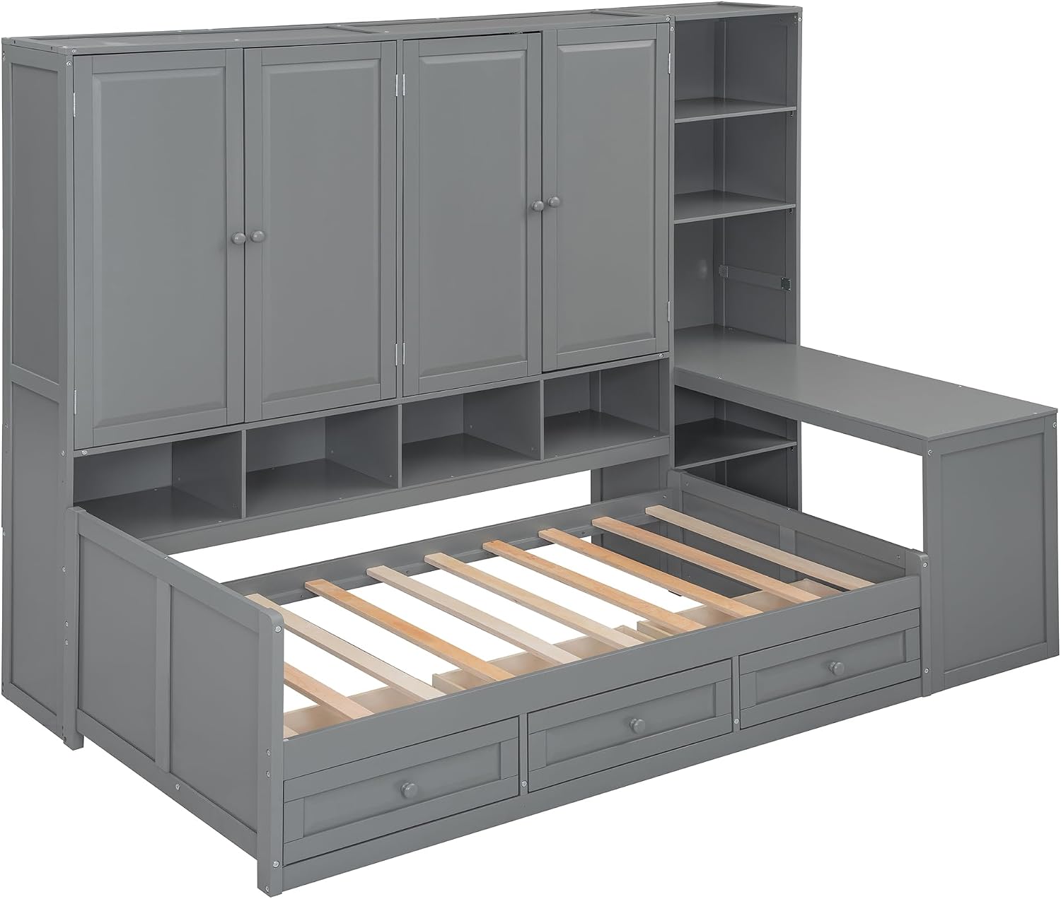 KLMM Twin Size Wooden Daybed with Three Drawers and All-in-One Cabinet,Desk and Shelves,for Living Room Bedroom Use (Gray#Desk, Twin)