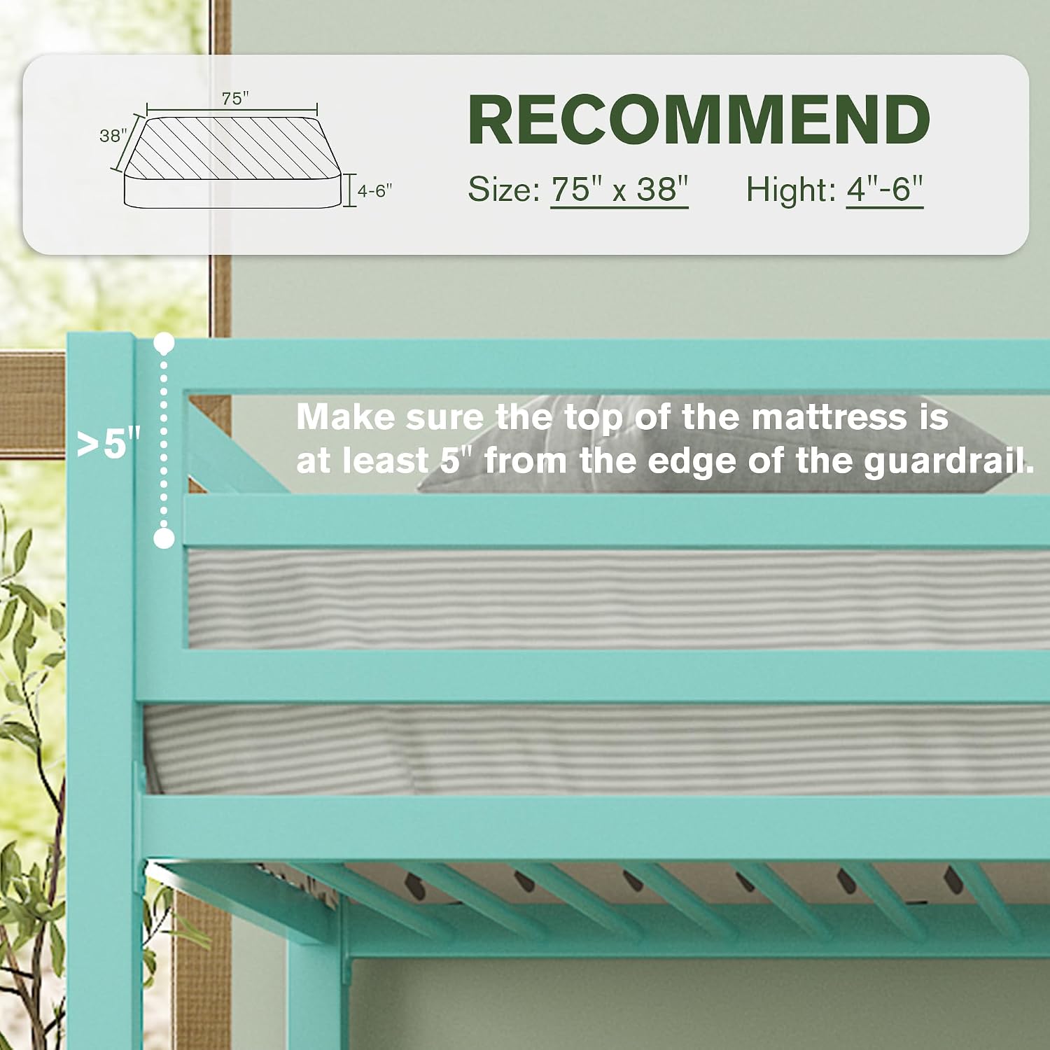 MUTICOR Twin Loft Bed Frame for Juniors and Adults with Safety Guardrail and Ladder,Metal Slats Support, Small Space Saving Furniture for Bedroom Kids Room and Dorm,Aqua Green