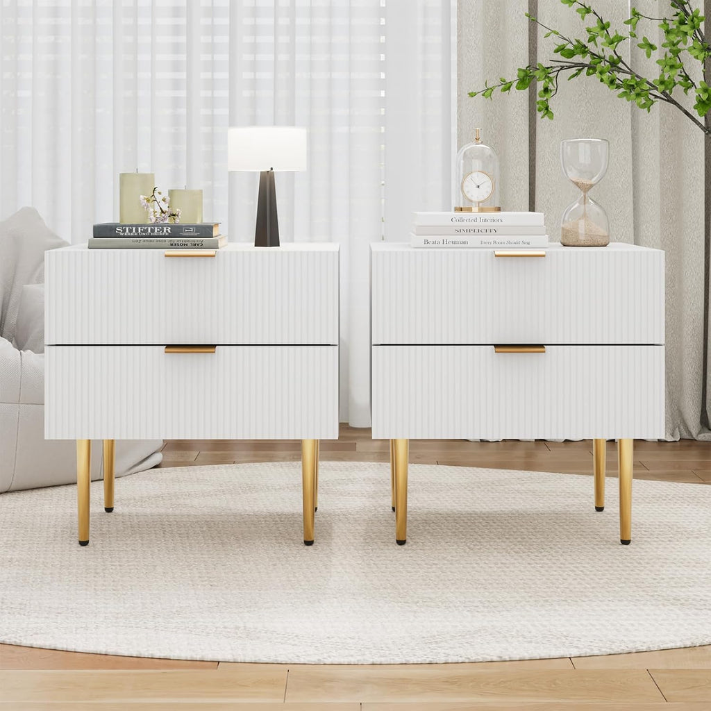 Smart FENDEE Set of 2 Nightstand, White Mid Century Modern Night Stand with Fluted Panel, Bedside Table with 2 Drawer, Large NightStand with Gold Leg for Bedroom