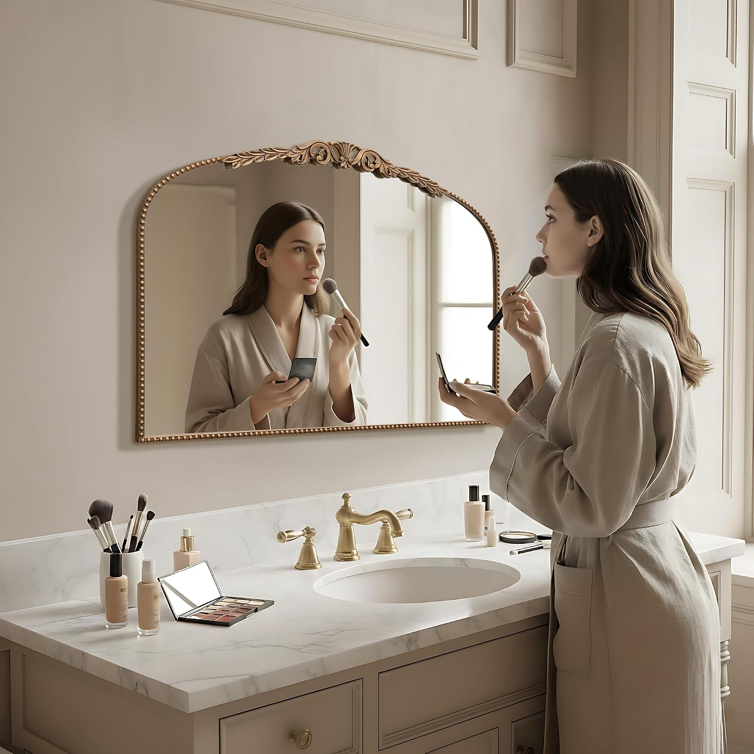 Besdomus Gold Vintage Vanity Mirror: 32'x 24' French Baroque Arched Mirror - Traditional Ornate Antique for Fireplace/Bathroom/Entryway/Dresser - Home Decor for Living Room