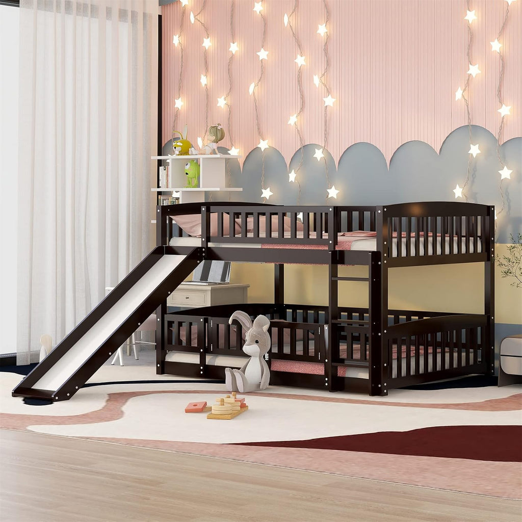 Bellemave Full Over Full Low Bunk Bed with Slide and Fence Railings Wood Floor Bunk Beds with Ladder for Kids Boys Girls Teens, Espresso