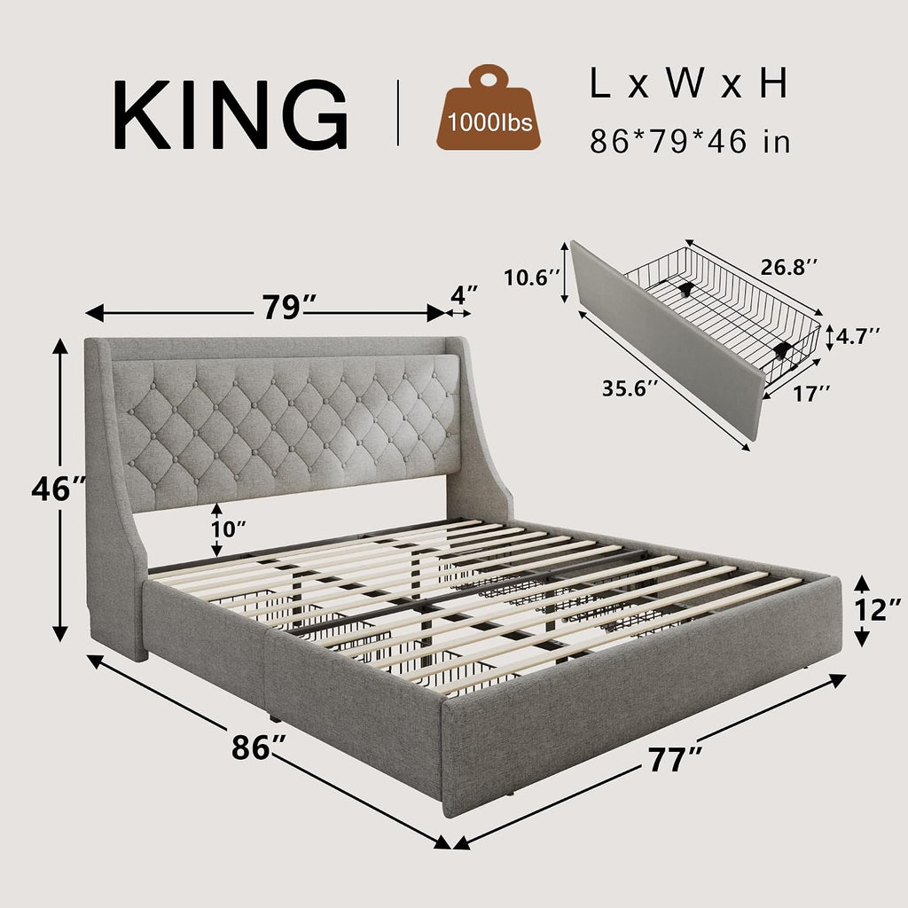 Einhomn Upholstered King Size Bed Frame with 4 Storage Drawers, Modern Platform Bed with Wingback Headboard, Charging Station, No Box Spring Needed, Light Grey