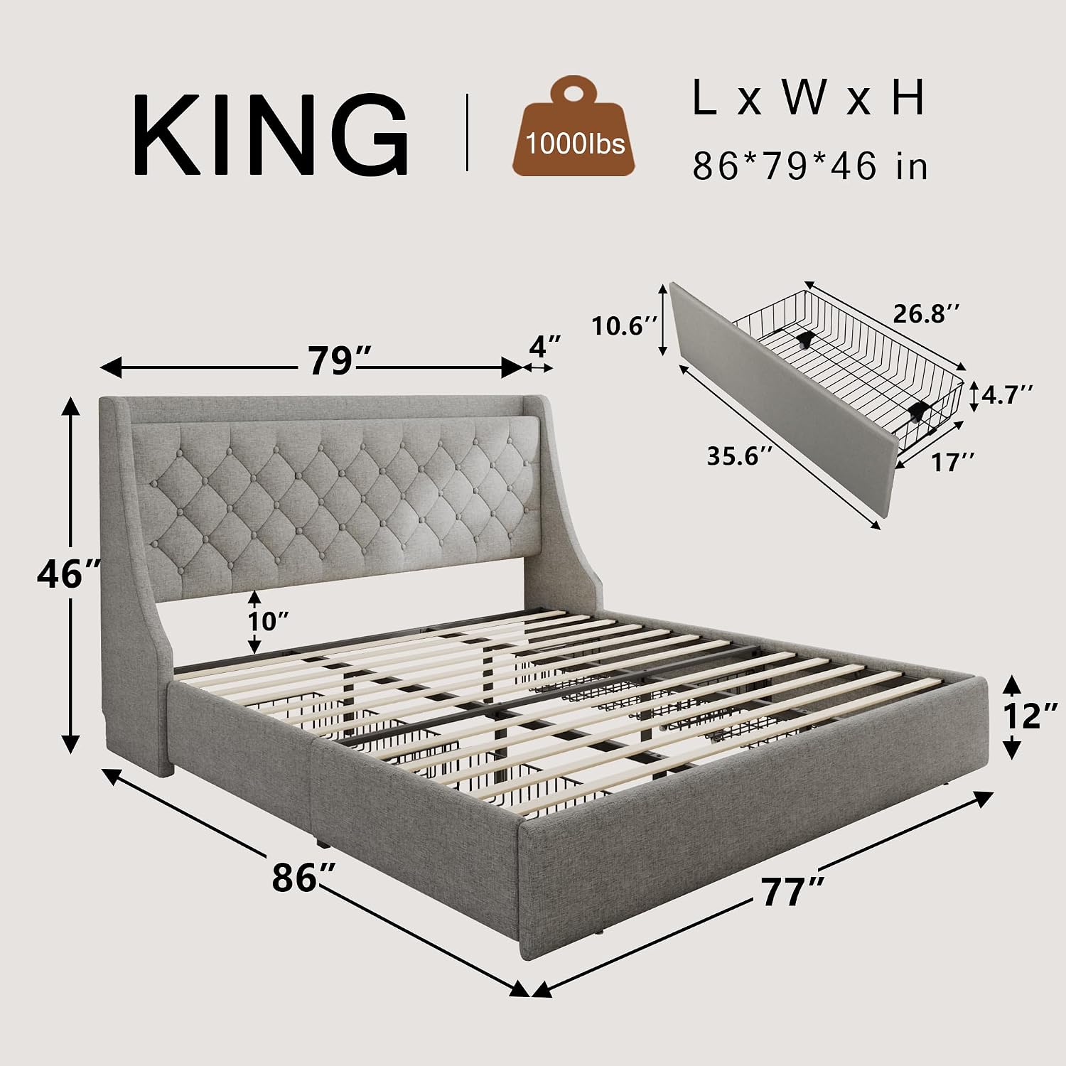 Einhomn Upholstered King Size Bed Frame with 4 Storage Drawers, Modern Platform Bed with Wingback Headboard, Charging Station, No Box Spring Needed, Light Grey