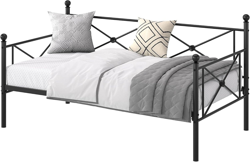 VECELO Twin Daybed Frame, Metal Day Bed with Stylish Headboard, Multifunctional Platform Beds for Bedroom, Living Room, Guest Room, No Boxing Spring Needed, Black