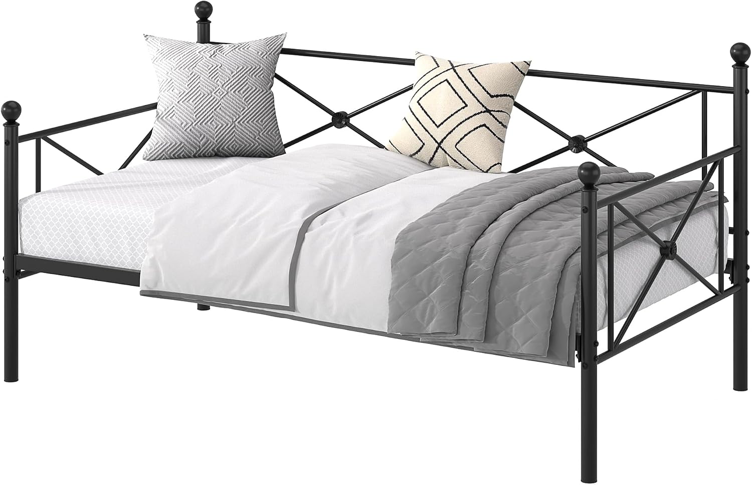 VECELO Twin Daybed Frame, Metal Day Bed with Stylish Headboard, Multifunctional Platform Beds for Bedroom, Living Room, Guest Room, No Boxing Spring Needed, Black