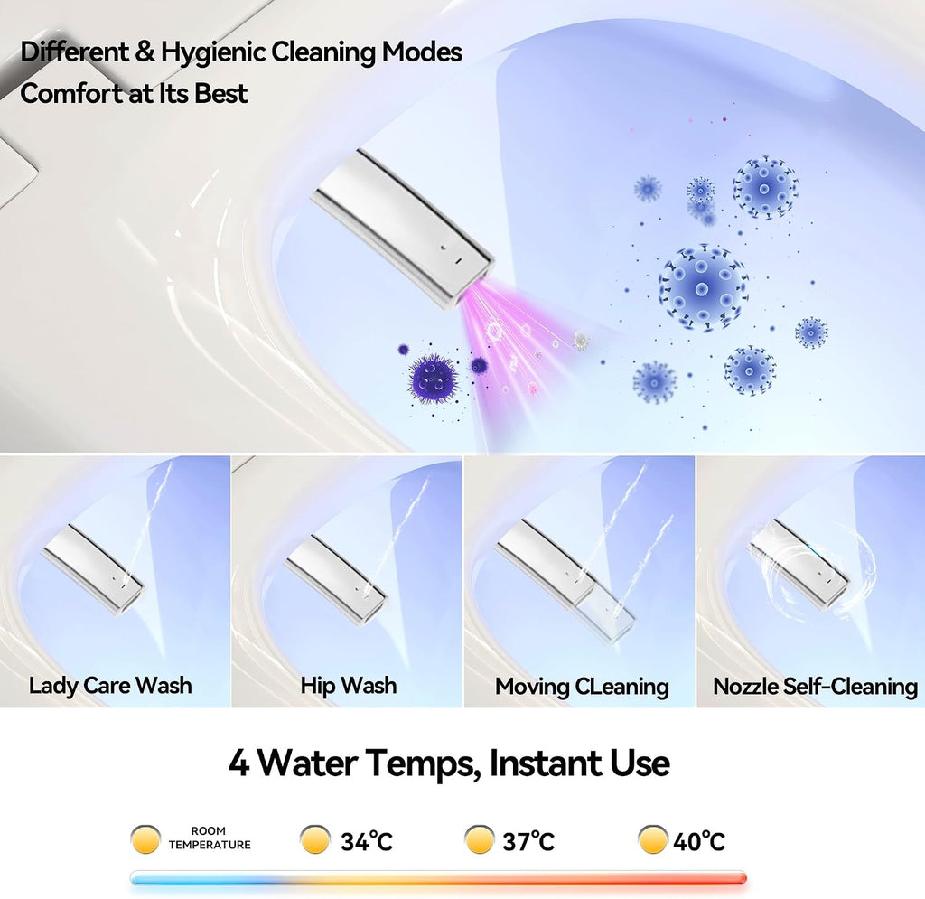 Smart Toilet, Electric Tankless Toilet with Bidet Built in & Dryer, Auto Open/Close, Instant Warm Water, Elongated Heated Seat, Auto Flush (White, Oval Egg Shaped)