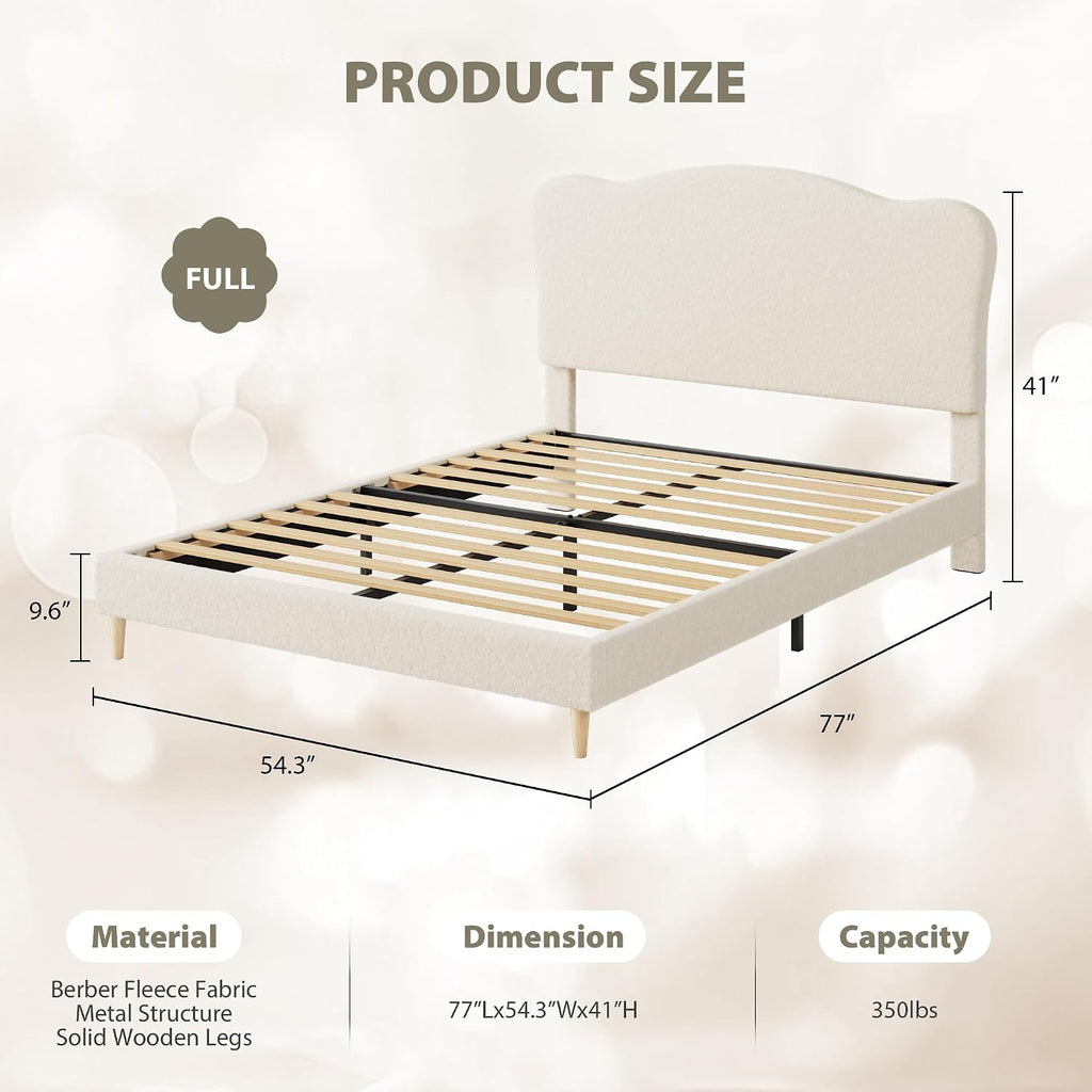 GarveeHome Upholstered Full Size Bed Frame for Kids with Scallop Headboard, Cute Velvet Full Bed for Girls, Boys, Sturdy Platform Bed, No Box Spring Needed, Wooden Slats, Noise Free, Beige