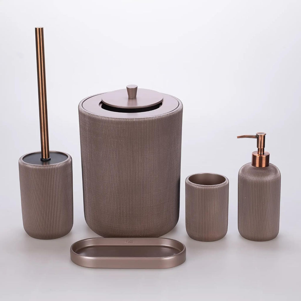 Lydia Collection 5-Piece Resin Bathroom Accessories Set – Toilet Brush Holder, Waste Bin, Soap Dispenser, Tray & Toothbrush Holder (Taupe)