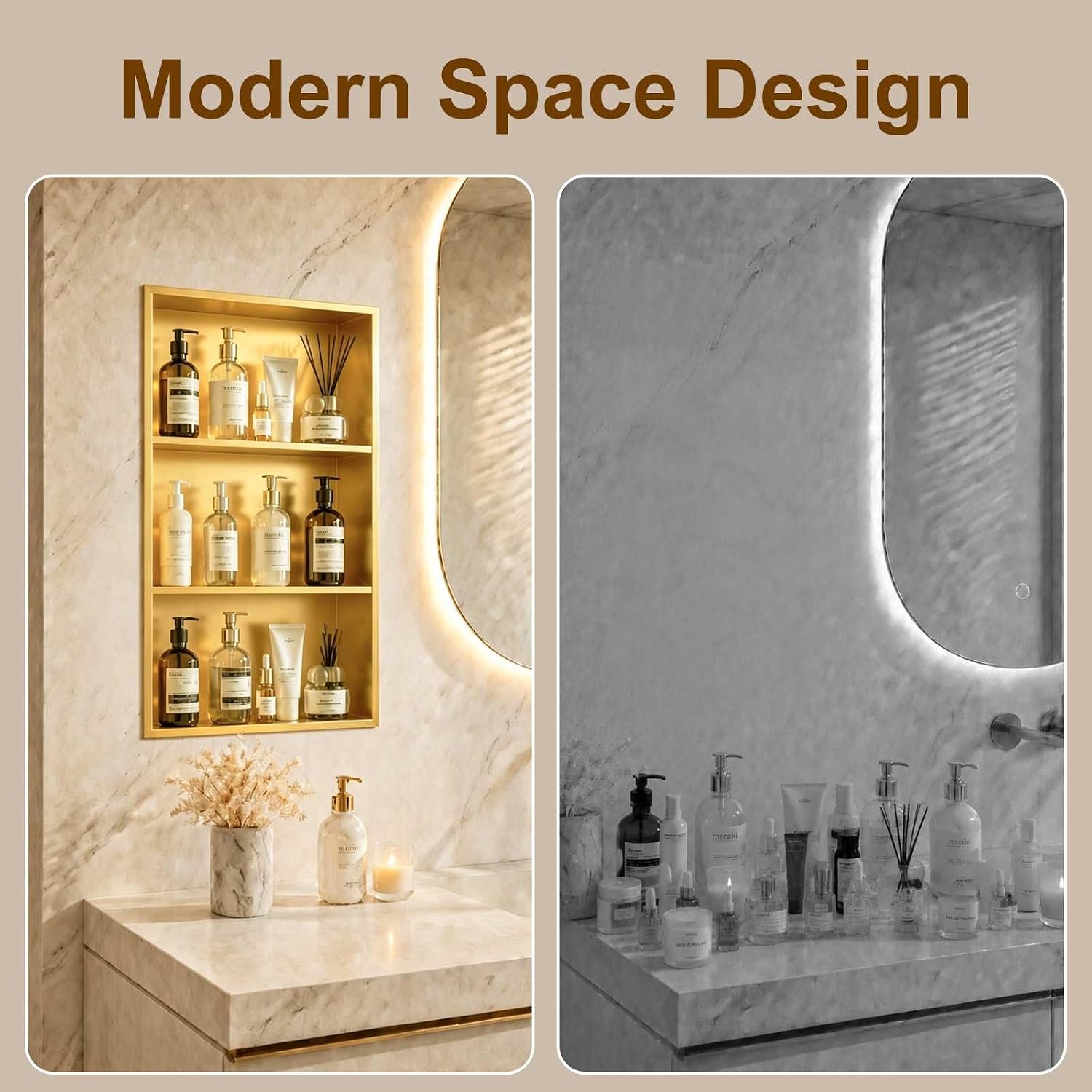 SaniteModar Shower Niche, Stainless Steel Shower Niche No Tile Needed, Recessed for Bathroom Storage (Brushed Gold, 12' x 30')