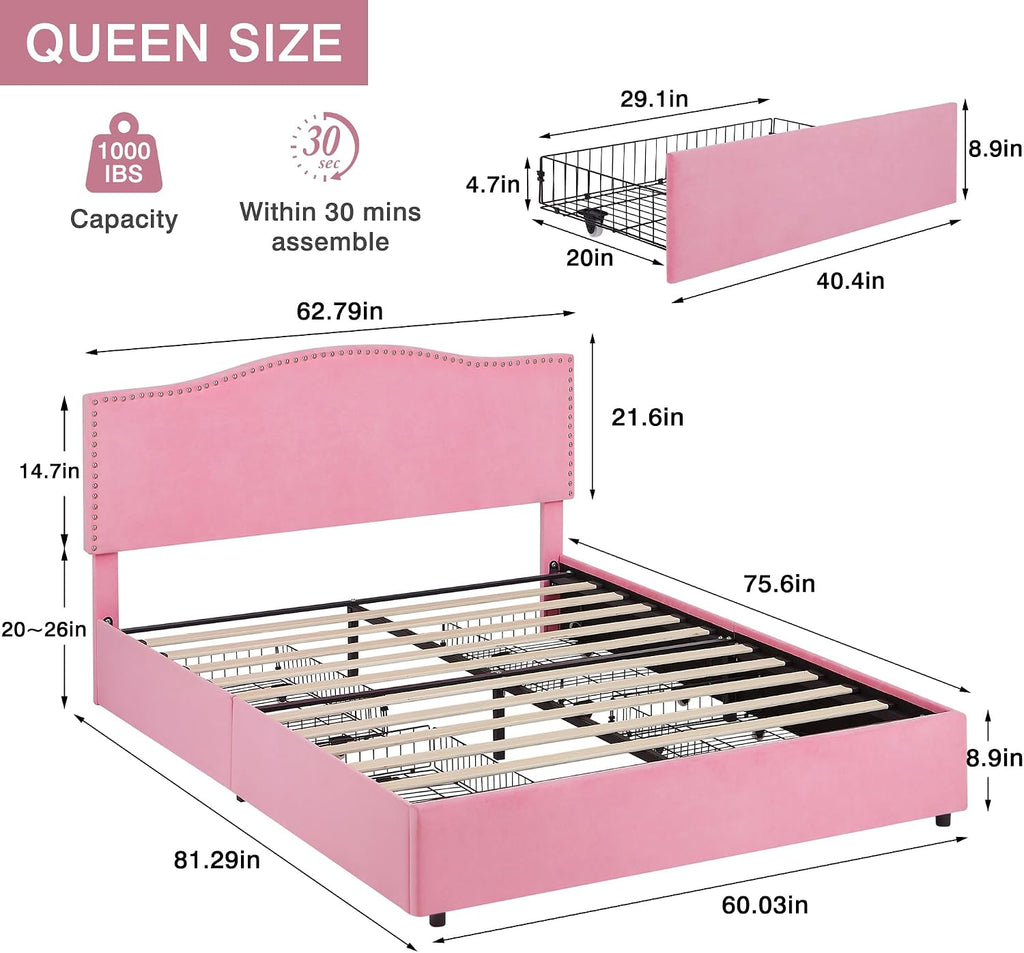 VECELO Queen Bed Frame Platform Bed Frame with Upholstered Headboard, 4 Storage Drawers, Strong Frame and Heavy-Duty Slats Support, Non-Slip and Noise-Free, Easy Assembly,Pink