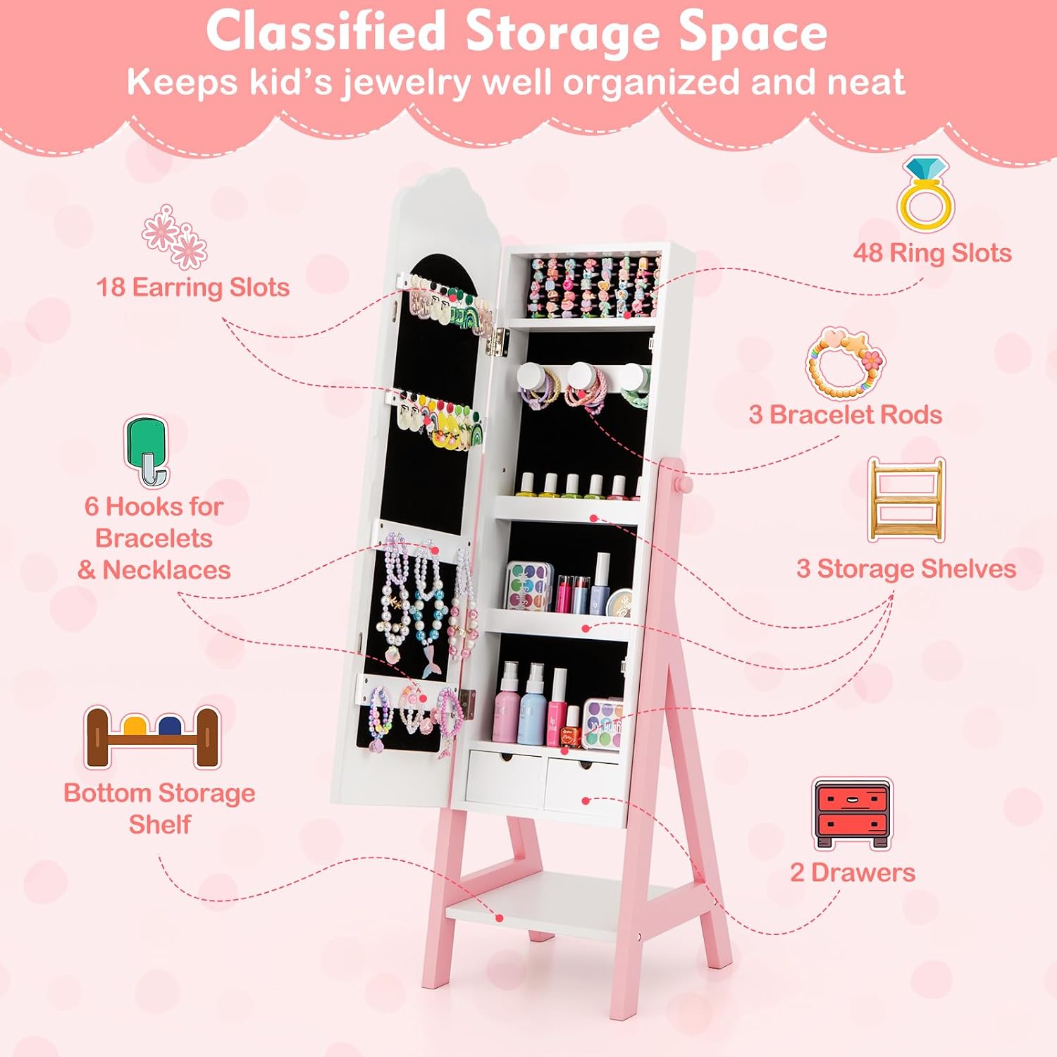 Costzon Kids Vanity & Jewelry Armoire Cabinet, Kids Makeup Vanity Table and Chair Set, Standing Jewelry Organizer with Full-Length Mirror, Kids Bedroom Furniture Set for Girls (White)